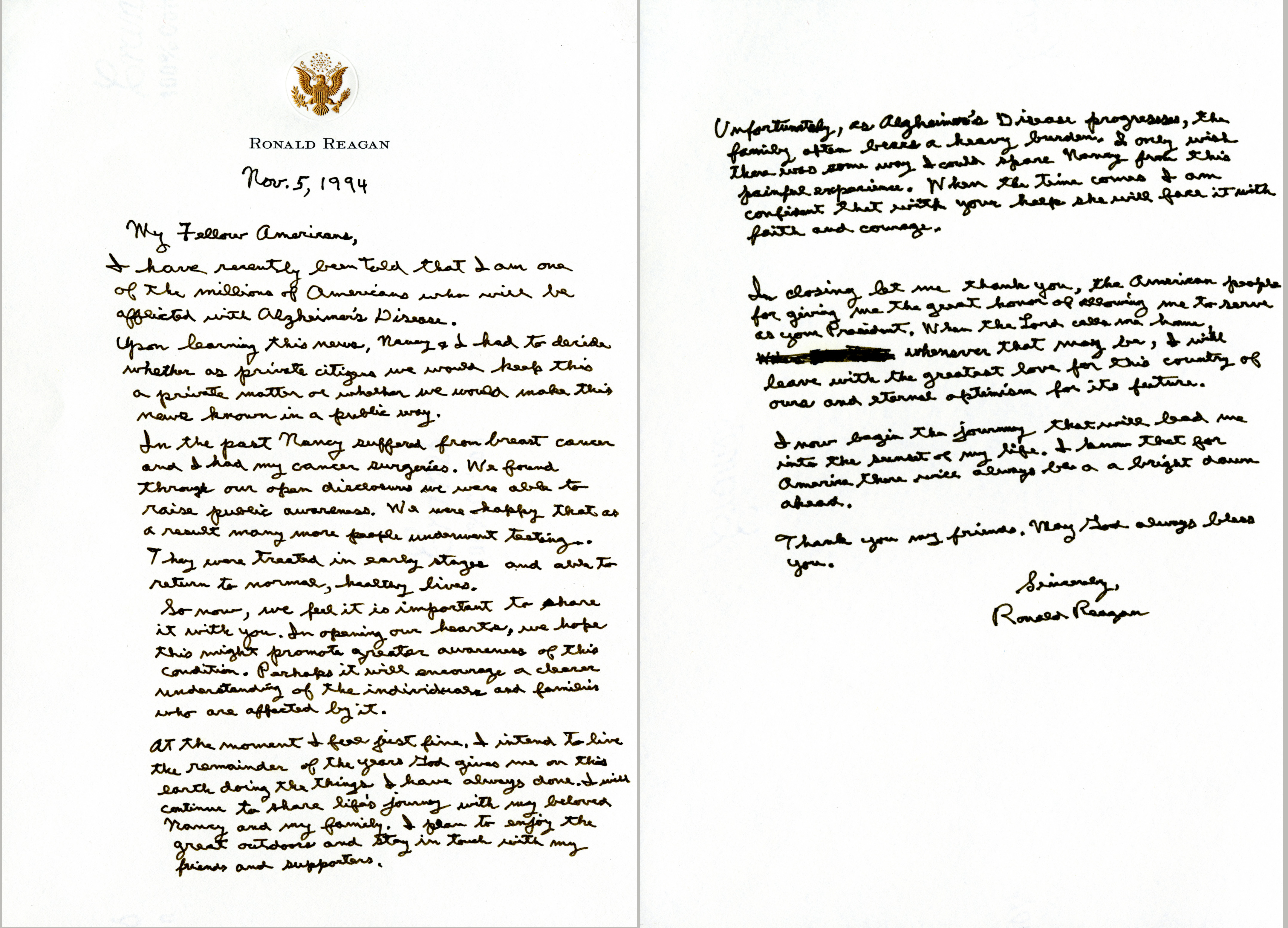 President Reagan's letter to the American people (Courtesy of the Ronald Reagan Presidential Foundation and Library)
