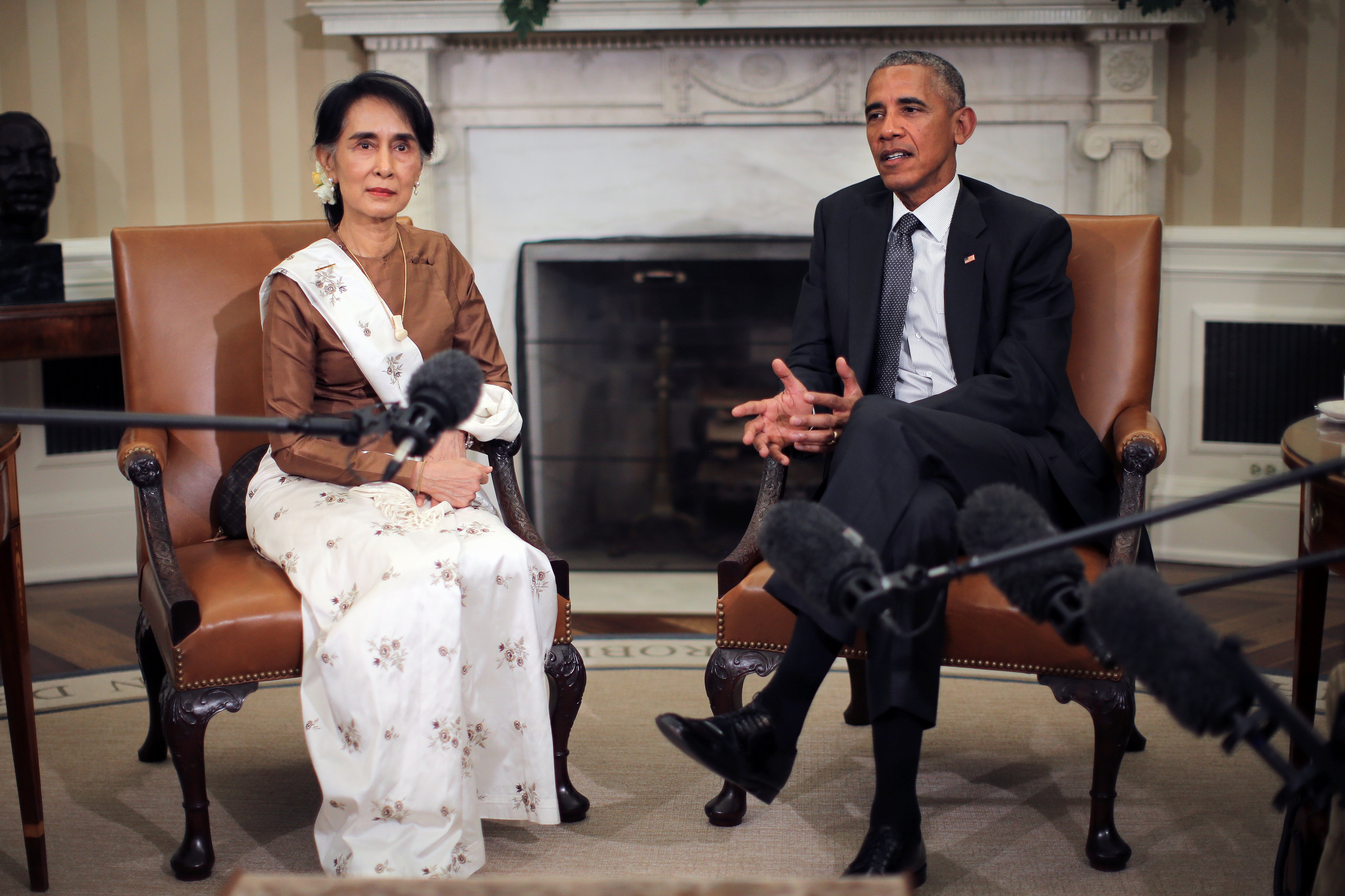 U.S. President Barack Obama talks to the media as he meets with Myanmar's State Counsellor Aung San Suu Kyi at the Oval Office of the White House in Washington