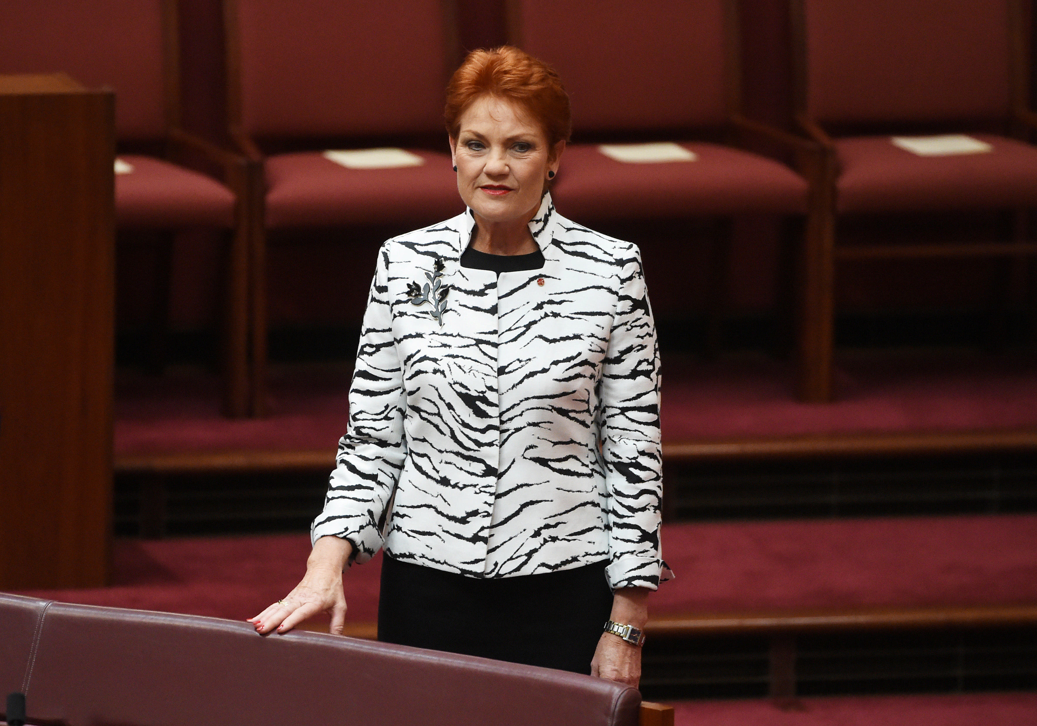 Australian One Nation party Senator Pauline Hanson is pictured in the Senate chamber on the opening day of the new parliamentary session at Parliament House in Canberra