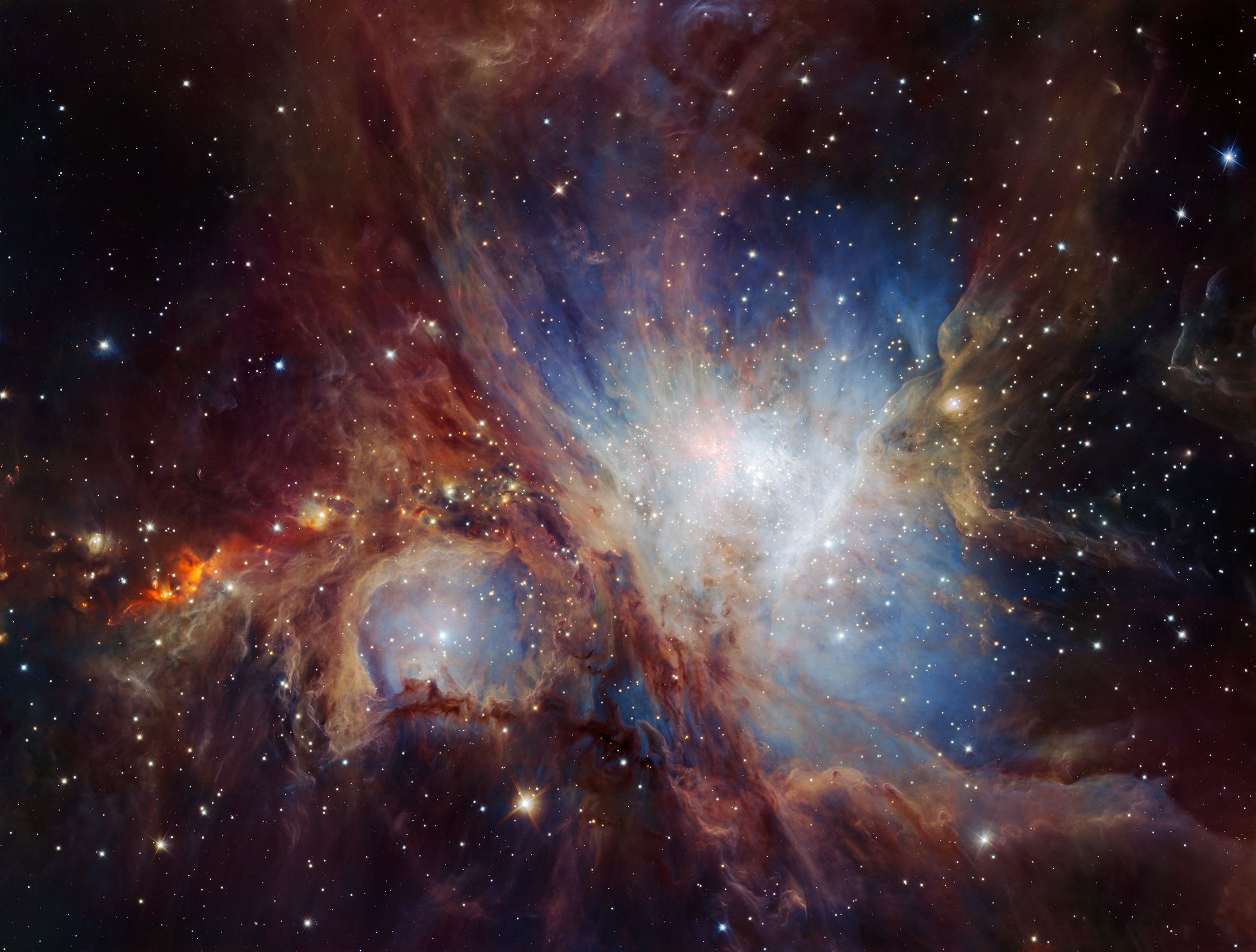 This image of the Orion Nebula star-formation region was obtained from multiple exposures using the HAWK-I infrared camera on ESO’s Very Large Telescope in Chile.