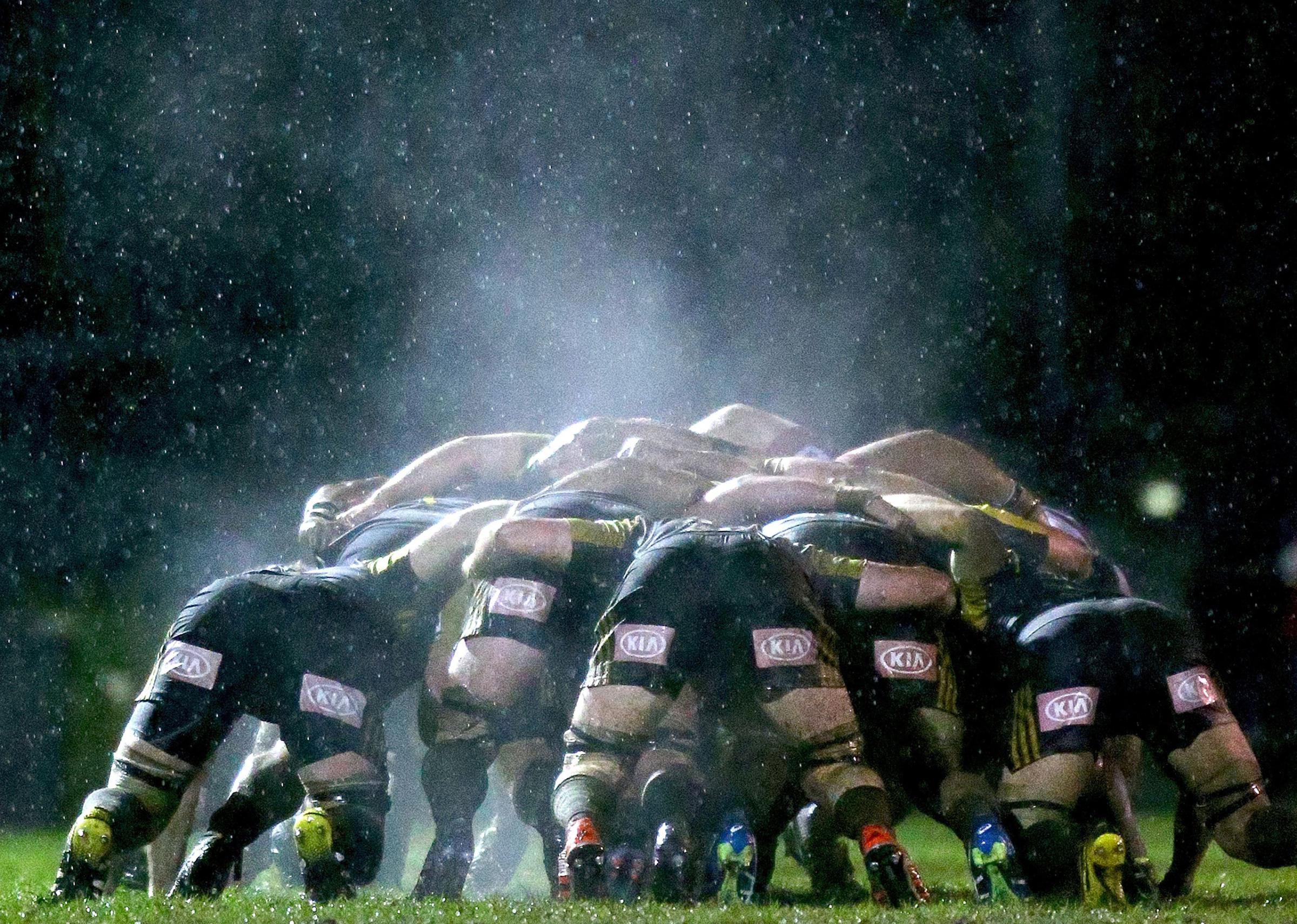 Steam rises from a scrum during the Super Rugby Exhibition match between the Rebels and the Hurricanes at Harlequins Rugby Club in Melbourne, Australia, on June 23, 2016.