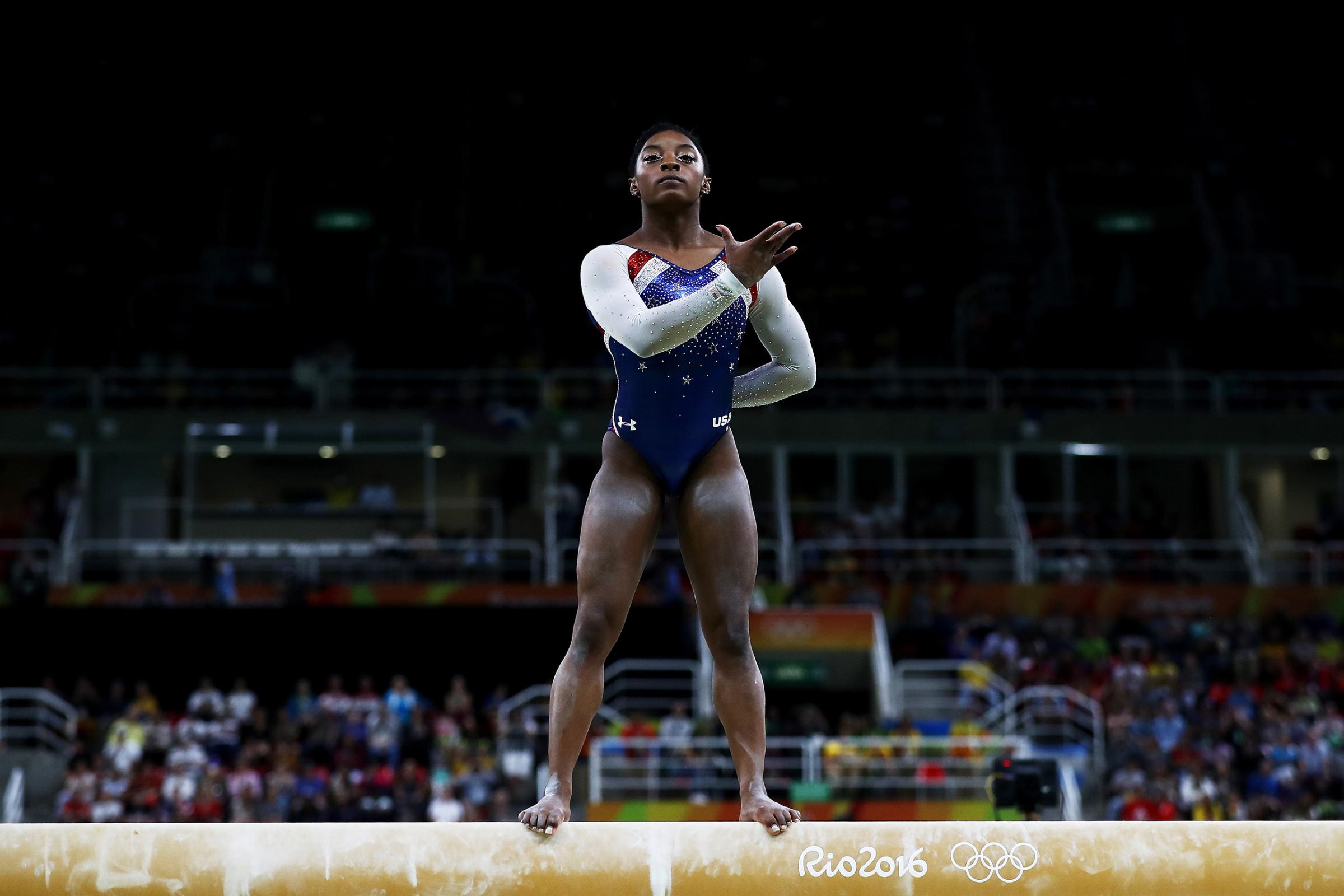 Simone Biles of the United States competes on the balance beam during the Women's Individual All Around Final on Day 6 of the 2016 Rio Olympics at Rio Olympic Arena on Aug. 11, 2016.