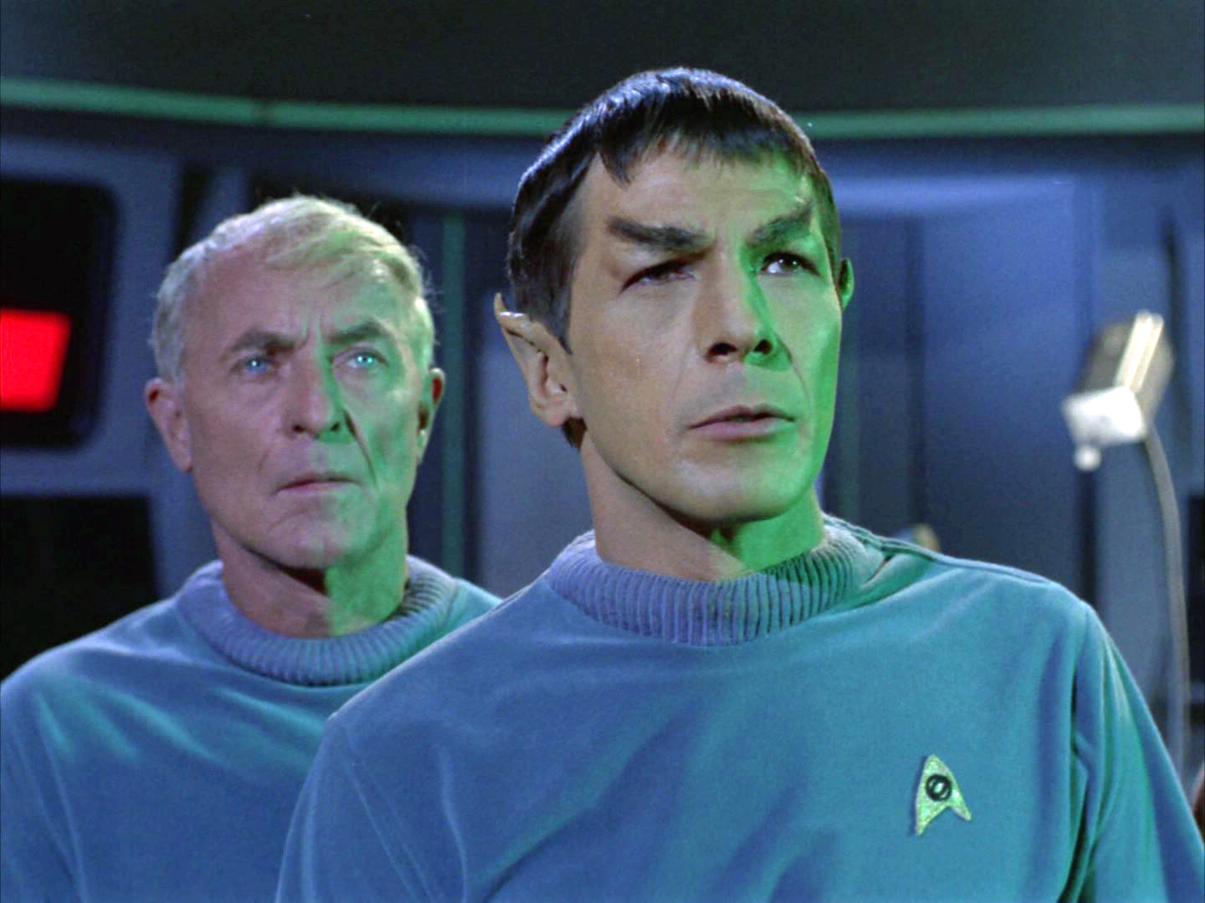 John Hoyt as Dr. Phillip Boyce and Leonard Nimoy as Mr. Spock.