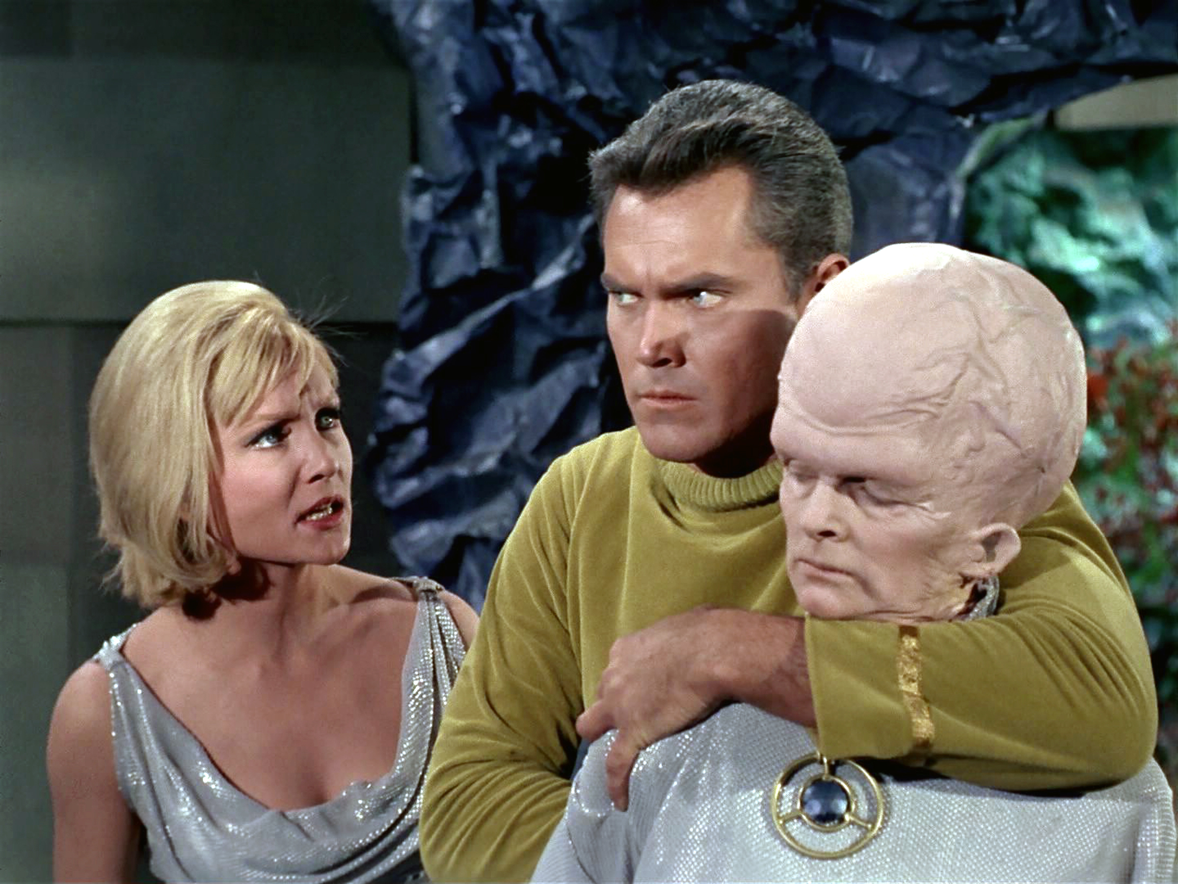 From left: Susan Oliver as Vina, Jeffrey Hunter as Captain Christopher Pike and Meg Wyllie as The Keeper in "The Cage."