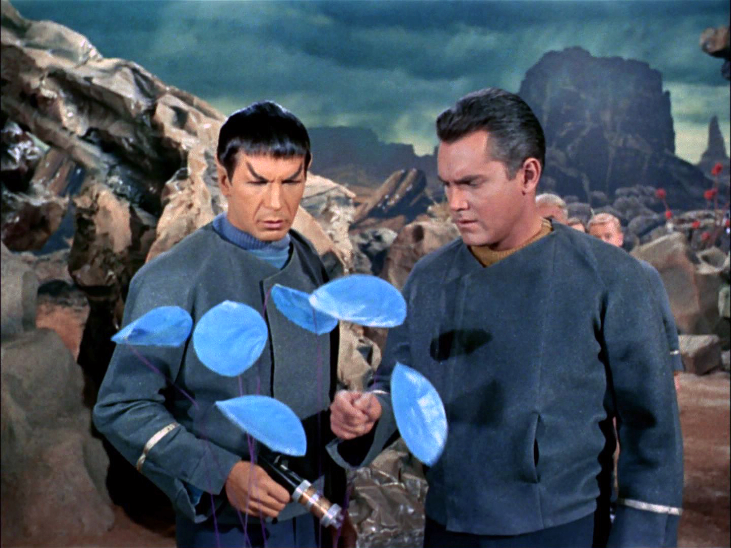 Leonard Nimoy as Mr. Spock and Jeffrey Hunter as Captain Christopher Pike on the planet Talos IV.