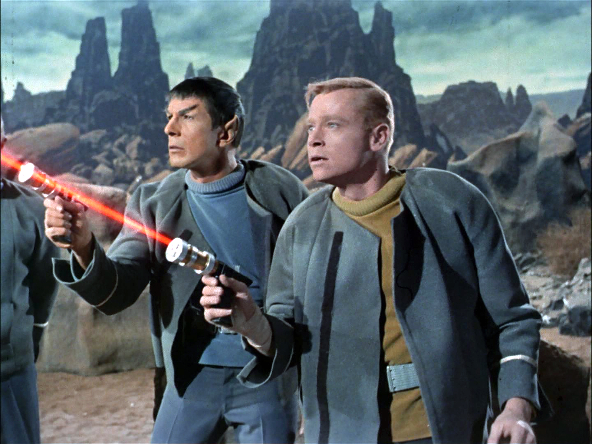 Leonard Nimoy as Mr. Spock and Peter Duryea as Lieutenant José Tyler on the planet Talos IV in "The Cage."
