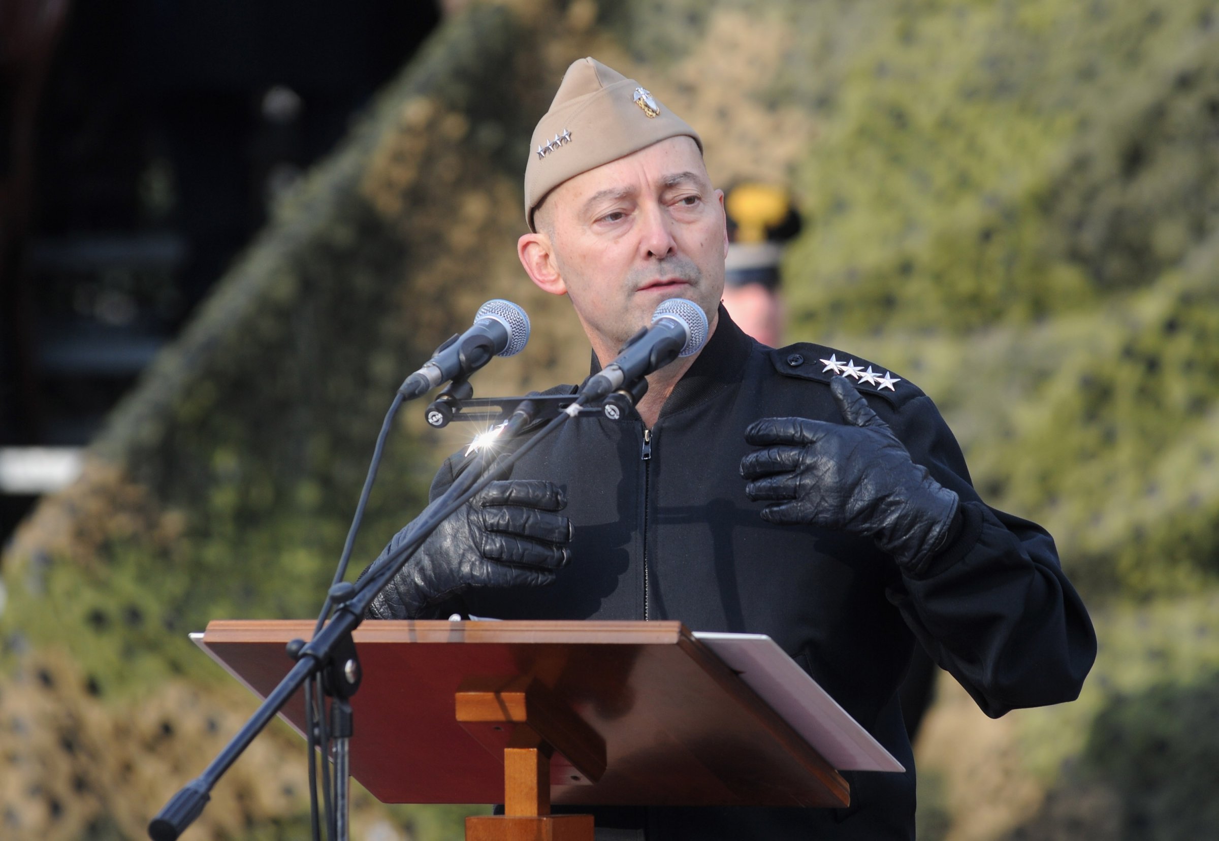 Former Supreme Allied Commander Europe Admiral James Stavridis makes a speech at the departure Ceremony for OTAN Rapid Deployable Corps - Italy bound for Afghanistan at Ugo Mara Barracks in Solbiate Olona, Italy, on Jan. 10, 2013.