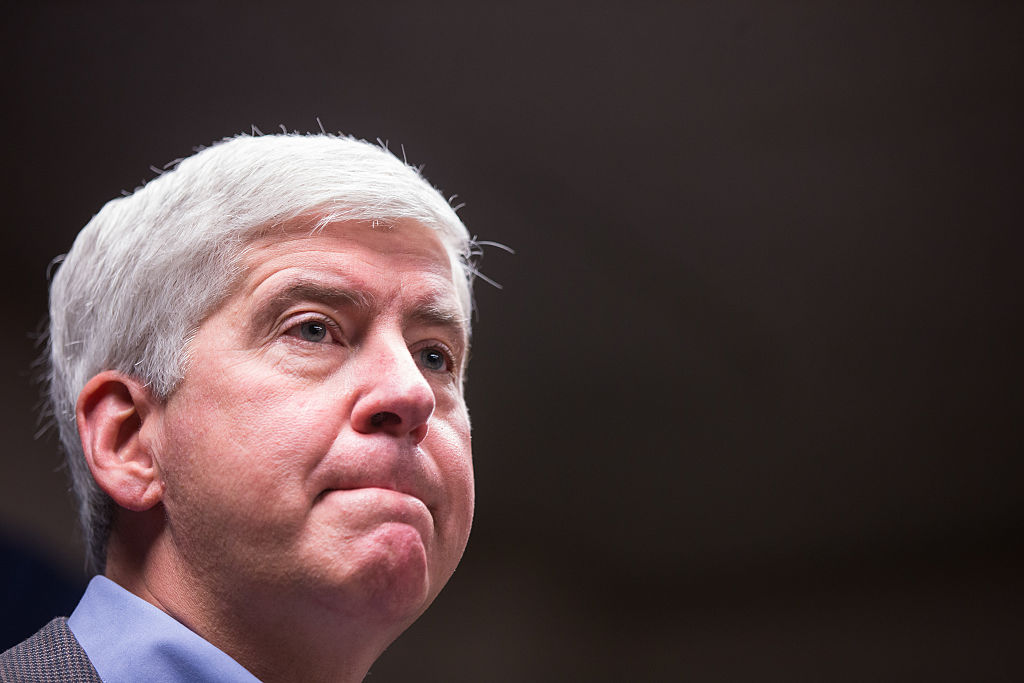 Michigan Gov. Rick Snyder is pictured on Jan. 27, 2016 at Flint City Hall in Flint, Michigan.