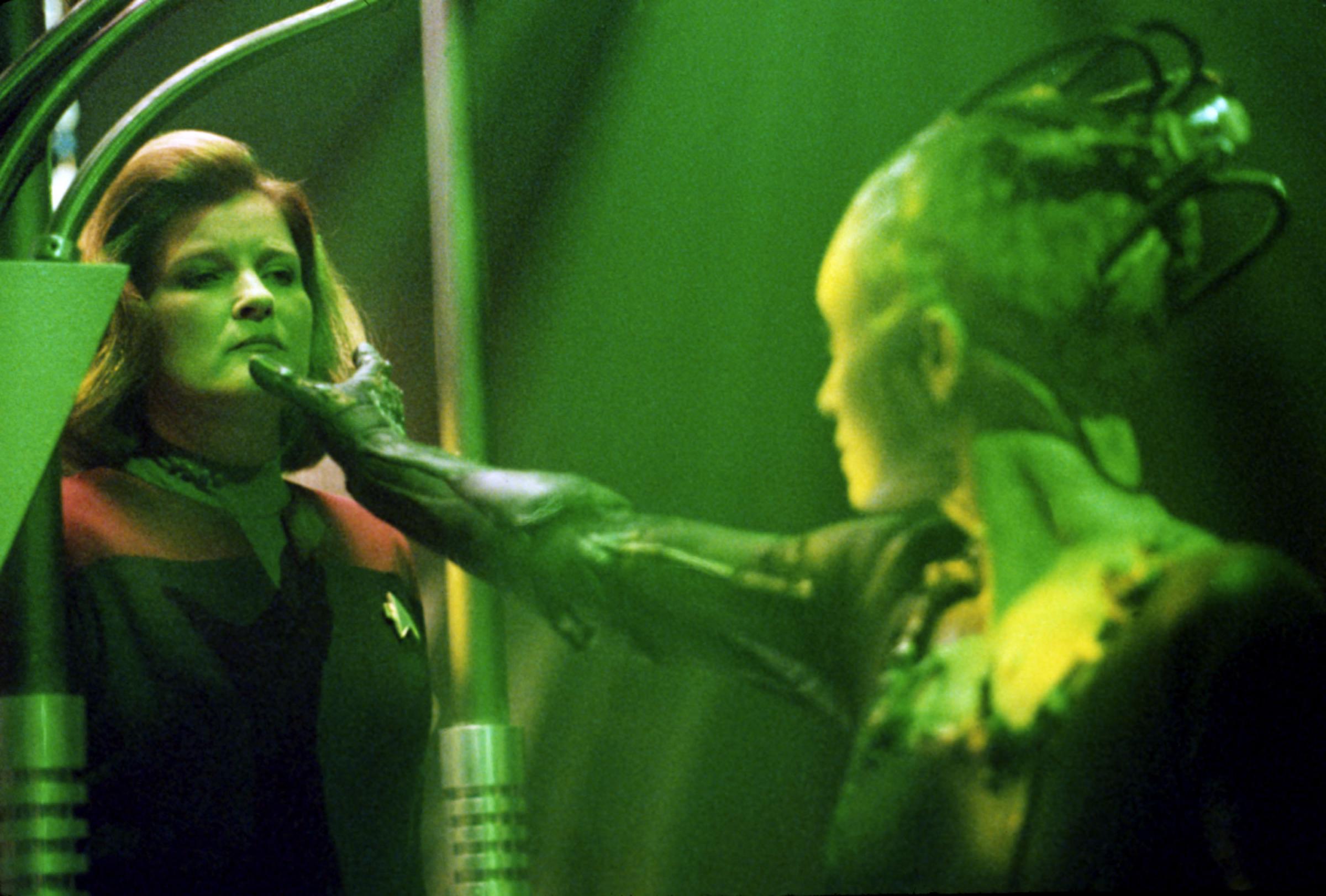 Actress Kate Mulgrew (Left) Stars As (Captain Kathryn Janeway) And Susanna Thompson Stars As (The Borg Queen) In United Paramount Network's Sci-Fi Television Series "Star Trek: Voyager."