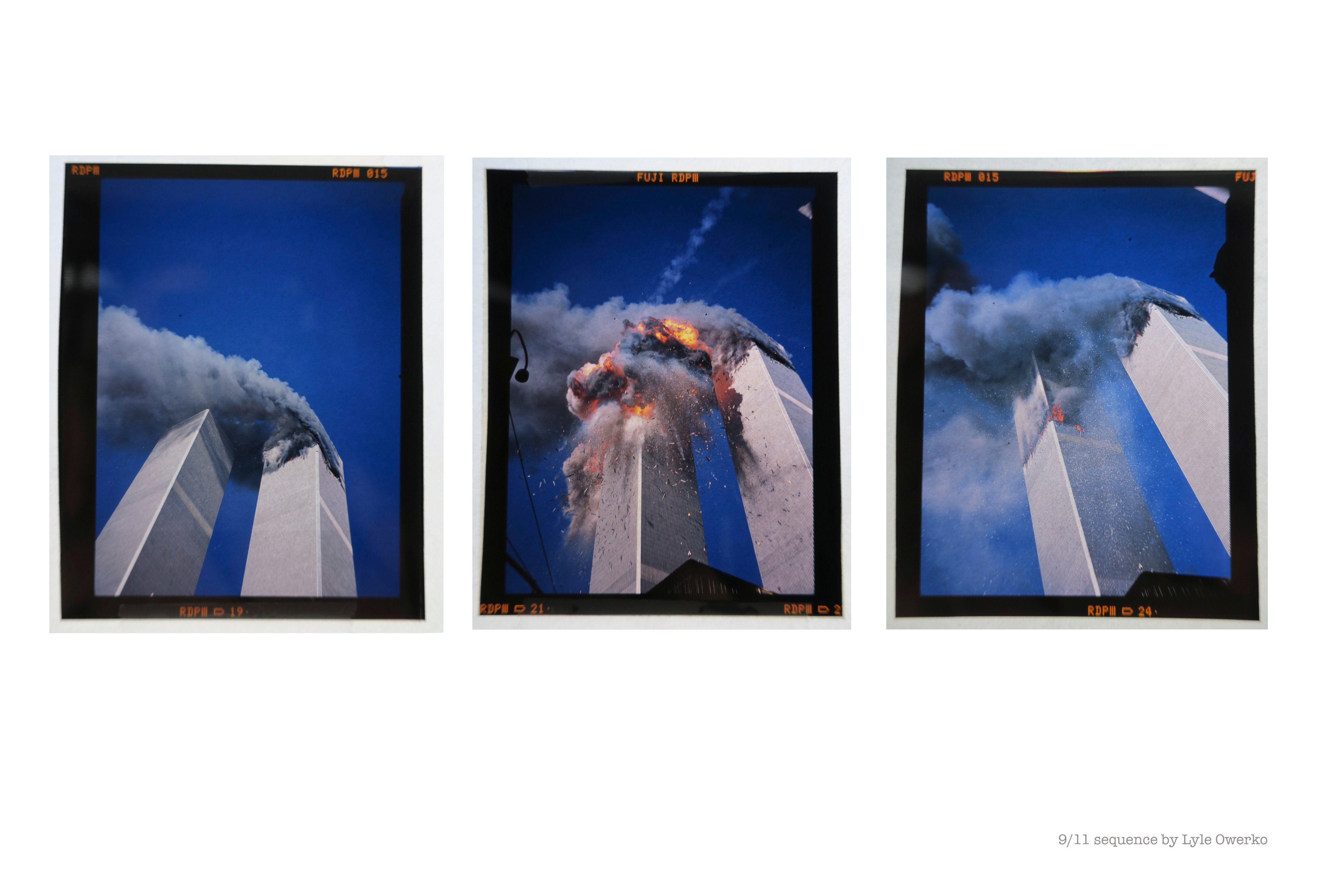 Three consecutive frames of the World Trade Center on the morning of 9/11 shot by photographer Lyle Owerko. (Lyle Owerko)