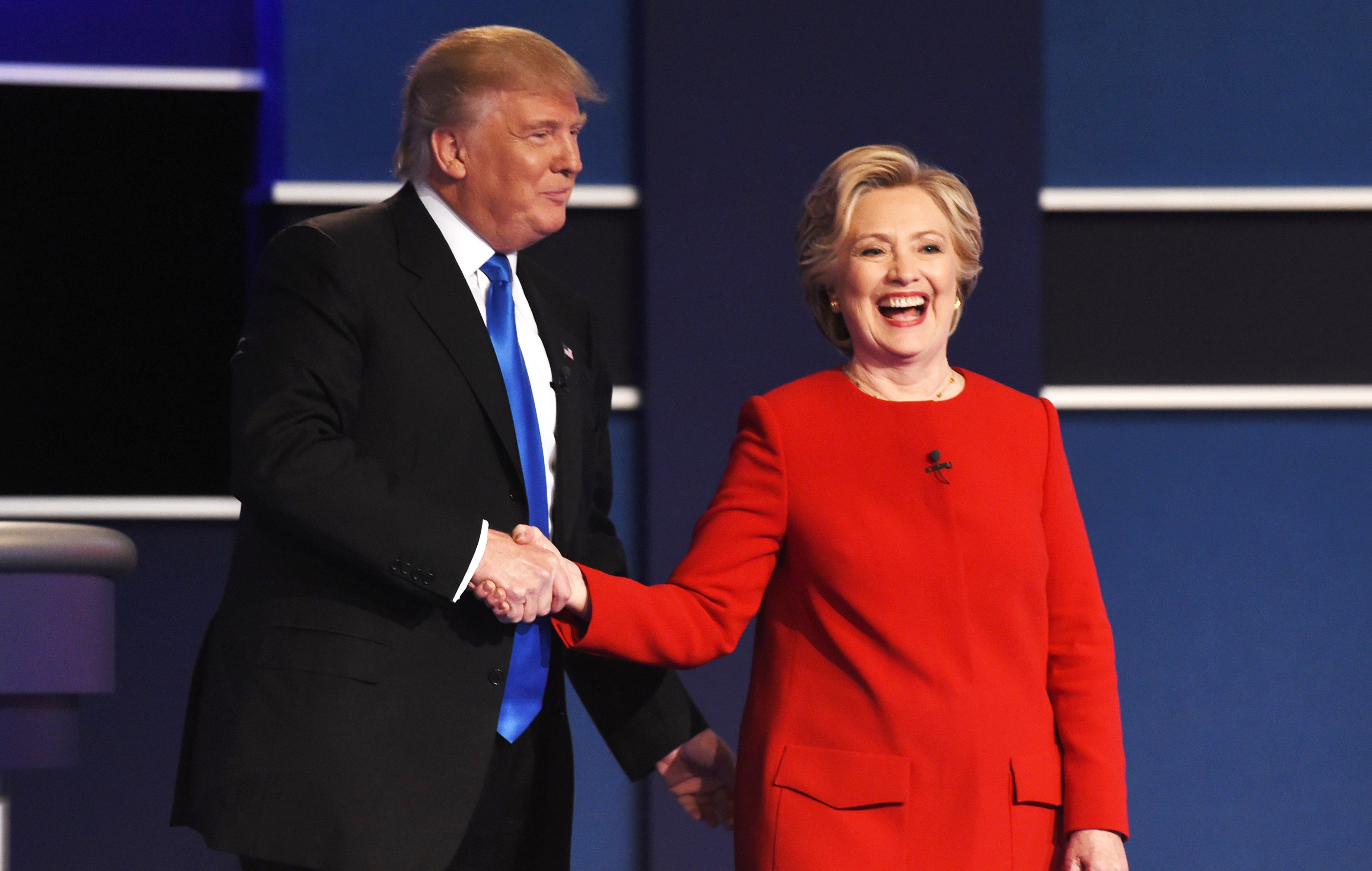 Donald Trump and Hillary Clinton after the first presidential debate at Hofstra University in Hempstead, N.Y., on Sept. 26, 2016. (Timothy A. Clary—AFP/Getty Images)