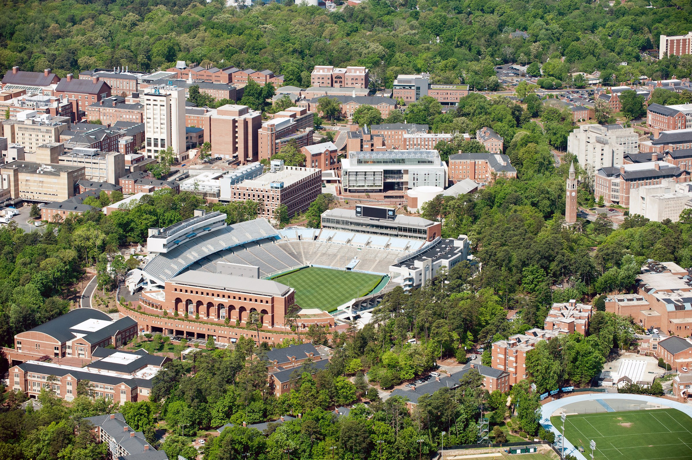 An aerial view of the University of North Carolina campus in Chapel Hill, North Carolina on April 21, 2013.