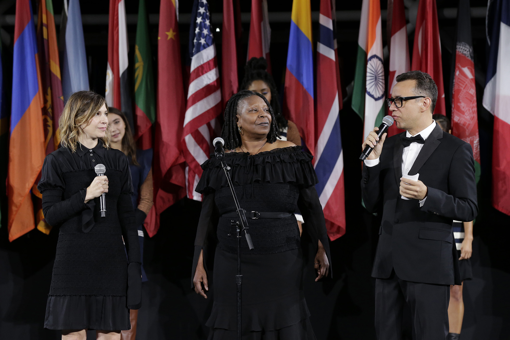 Carrie Brownstein, Whoopi Goldberg, and Fred Armisen speak onstage during the Opening Ceremony fashion show during New York Fashion Week at Jacob Javits Center on September 11, 2016 in New York City.  (Photo by JP Yim/Getty Images) (JP Yim—Getty Images)