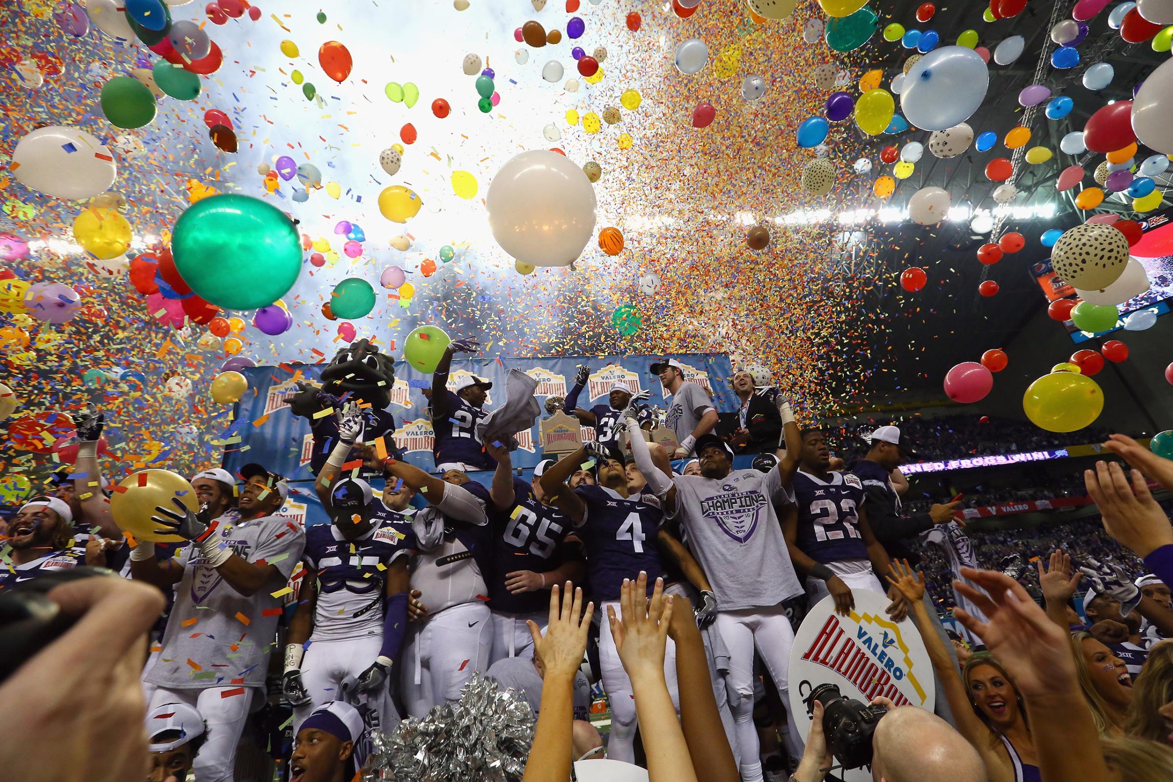 The TCU Horned Frogs celebrate after winning the Valero Alamo Bowl in three overtimes against the Oregon Ducks at Alamodome on Jan. 2, 2016 in San Antonio.