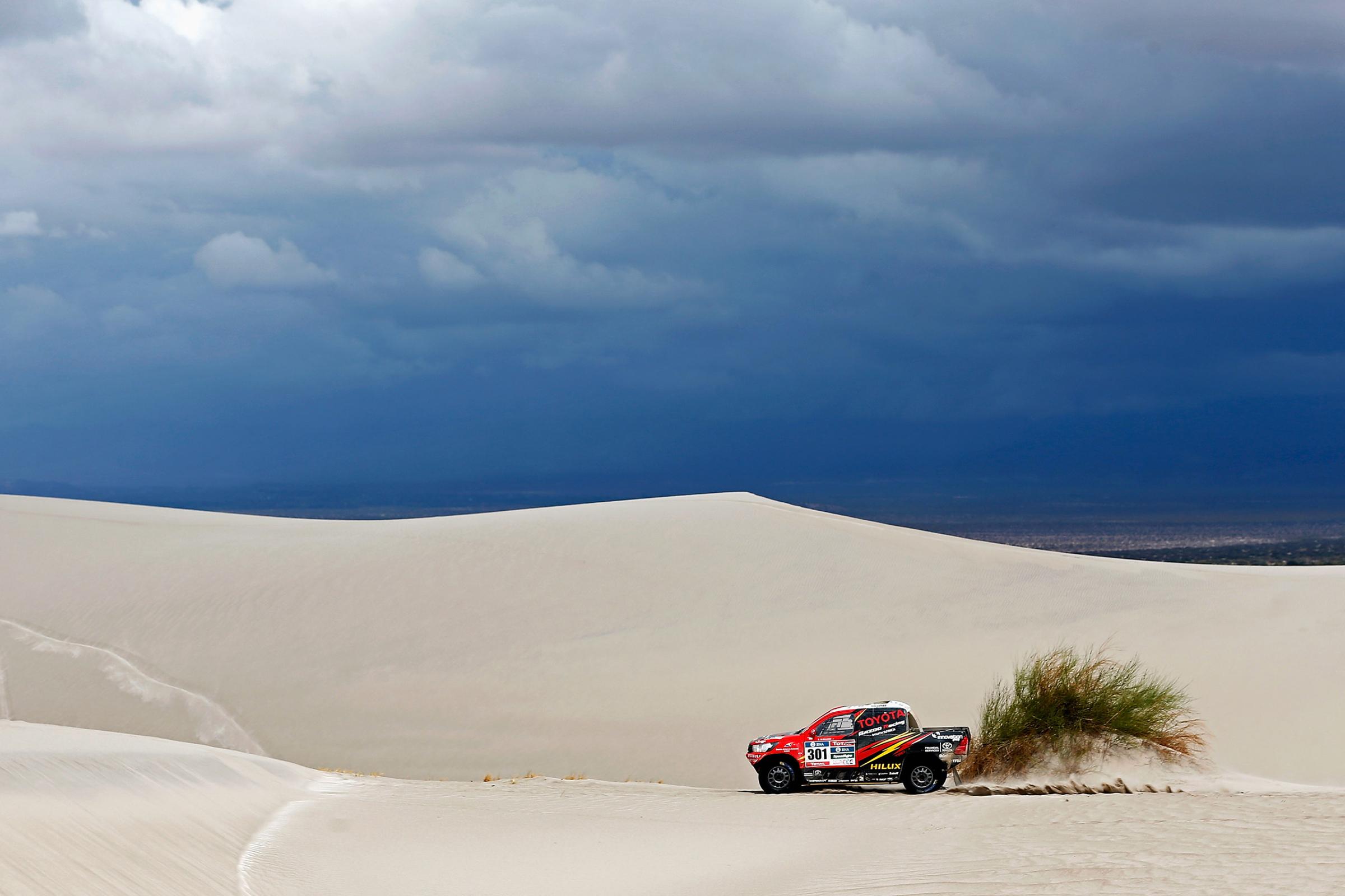 Giniel De Villiers of South Africa and Dirk Von Zitzewitz of Germany in the Toyota Hilux for Toyota Gazoo Racing compete on day 11 stage ten between Belen and La Rioja during the 2016 Dakar Rally on Jan. 13, 2016 in near Fiambala, Argentina.