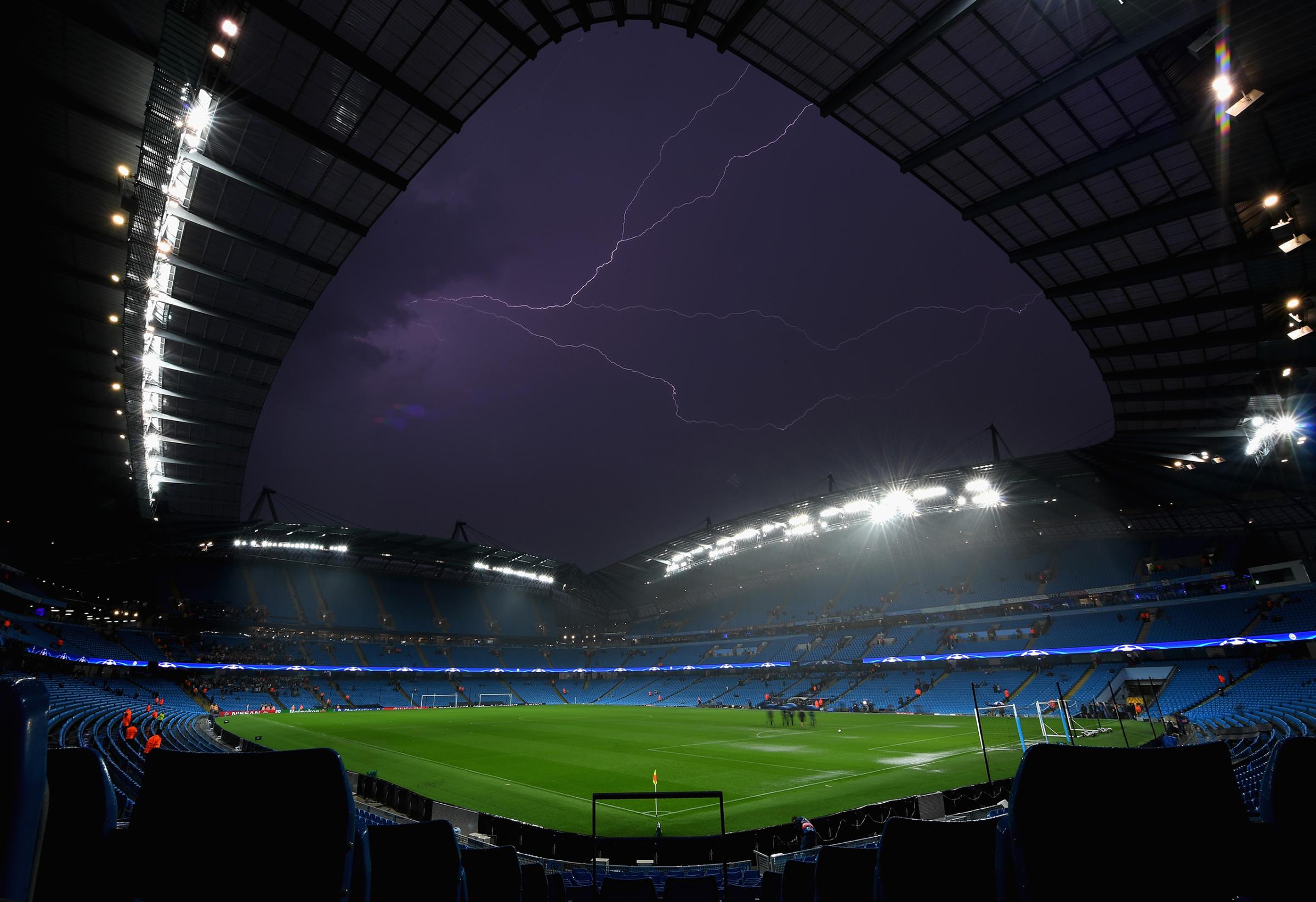 A general view inside the stadium as Lightning strikes following the postponement of the UEFA Champions League Group A match between Manchester City FC and VfL Borussia Moenchengladbach at Etihad Stadium on Sept. 13, 2016 in Manchester, England.