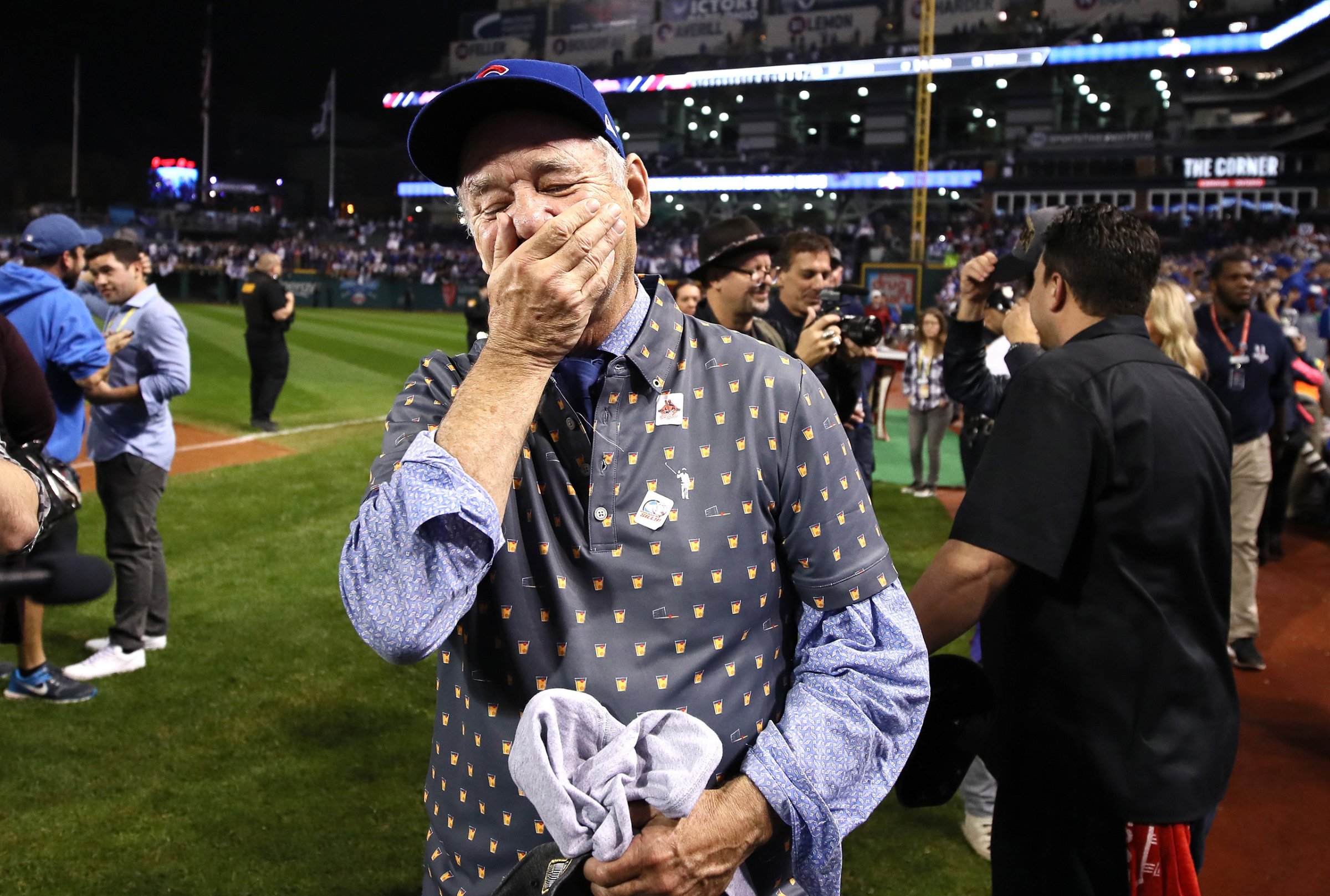 Actor Bill Murray reacts on the field after the Chicago Cubs defeated the Cleveland Indians 8-7 in Game Seven of the 2016 World Series at Progressive Field on Nov. 2, 2016 in Cleveland.