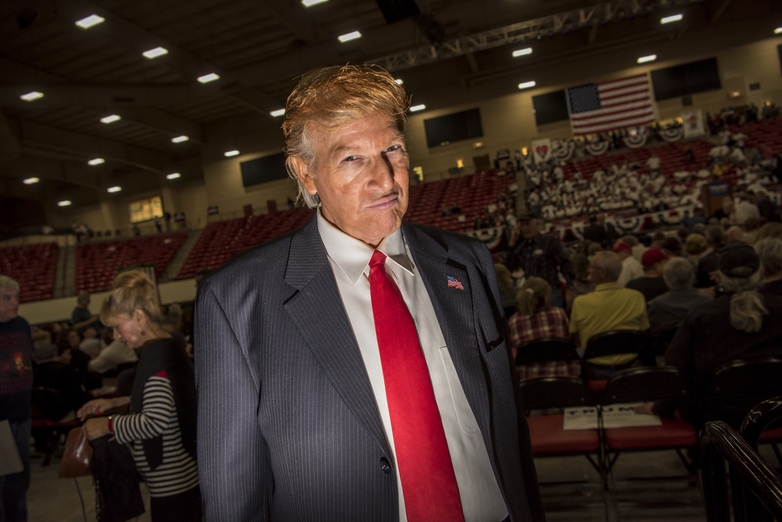 Donald Trump impersonator Robert Ensler stands for a photograph before Trump, speaks at a campaign rally in Las Vegas on Feb. 22, 2016.U.S., on Monday, Feb. 22, 2016.