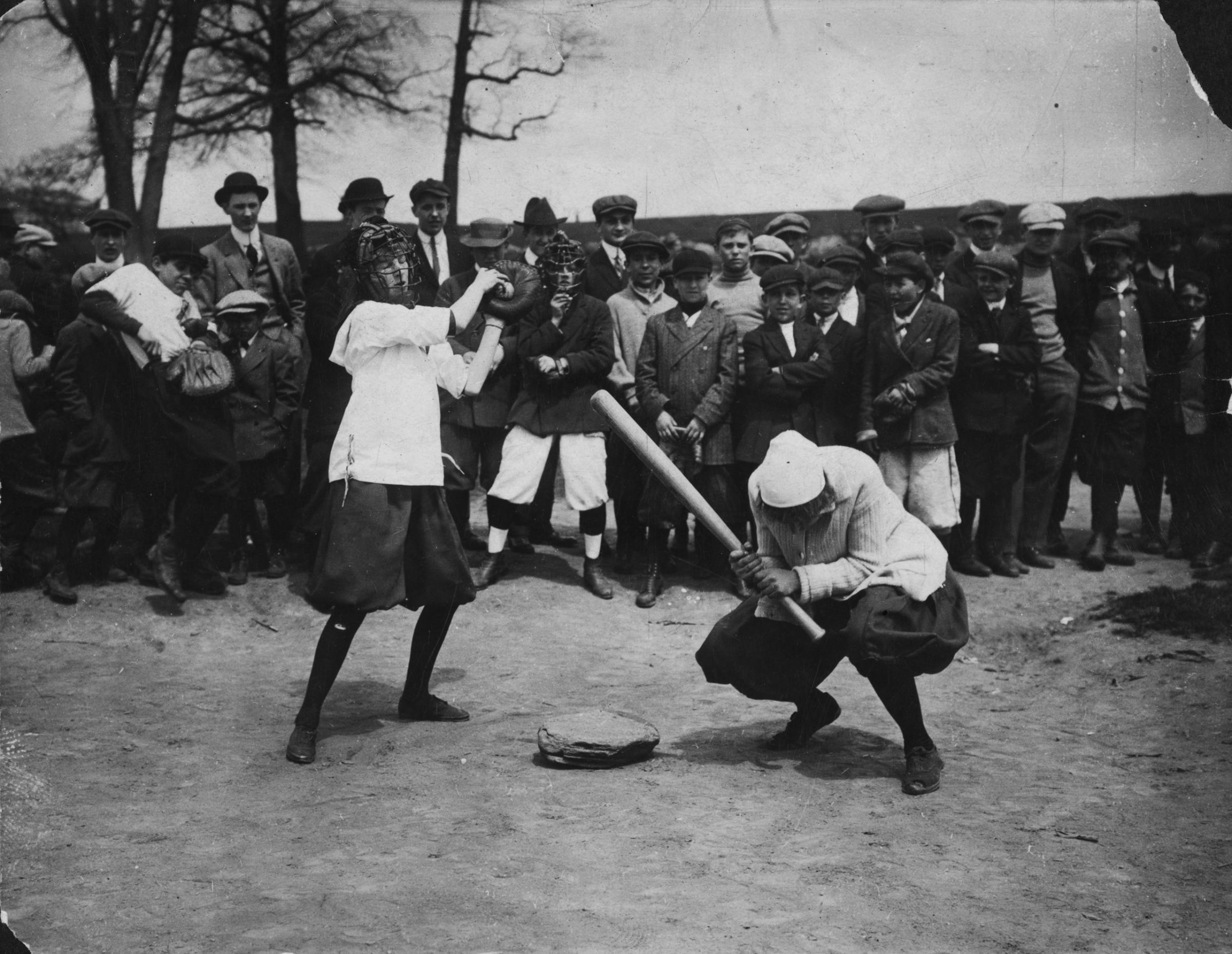 New York female "Giants" - Miss McCullum catcher and Miss Ryan at bat. Circa 1913.