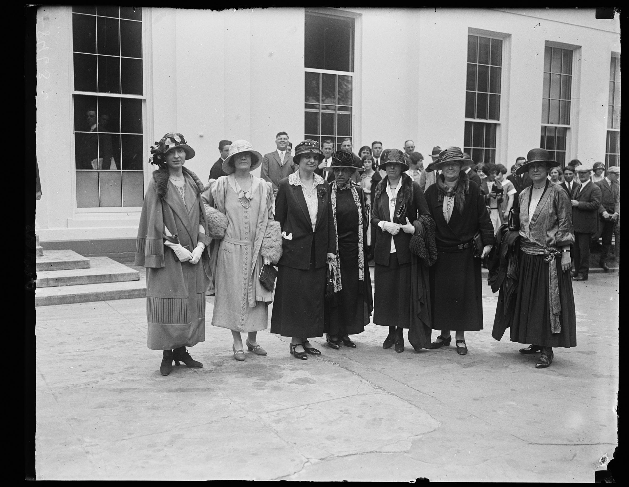 1924Prominent Republican women call on Pres. to discuss the part of women will play in the coming election. Lft to rt.: Miss Lucille Atcherson, State Dept., Mrs. B.P. Bruggmann, US Compensation Comm., Miss Mabel W. Willebrandt, Asst. Atty. Gen.; Mrs. Mary Anderson, Chmn., Woman's Bur., Labor Dept.; Miss Anne Webster, Chmn. Nat'l League of Women Voters; Miss Julia Lathrop, 1st Vice-Chmn., Nat'l League Women Voters; Miss Grace Abbott, Head Children's Bur., Labor Dept. [White House, Washington, D.C.]