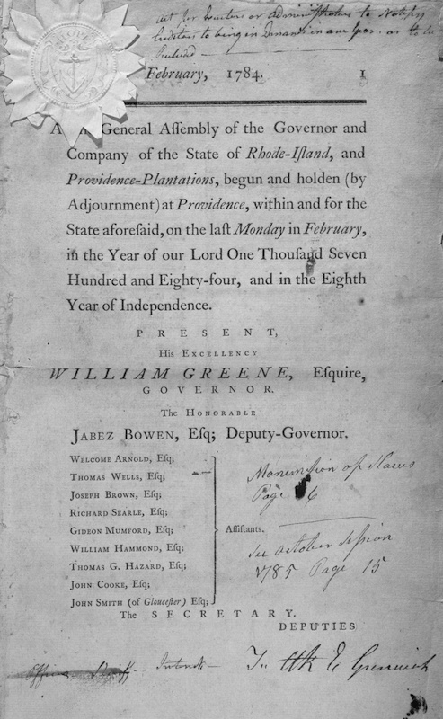 Act for the gradual Abolition of Slavery from the General Assembly of the Governor and Company of the state of Rhode Island, 1784. From the New York Public Library. (Smith Collection/Gado/Getty Images)