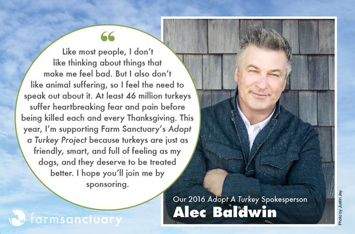 Alec Baldwin is this year's spokesperson for the Adopt-a-Turkey Project from Farm Sanctuary. (Justin Jay/Farm Sanctuary)