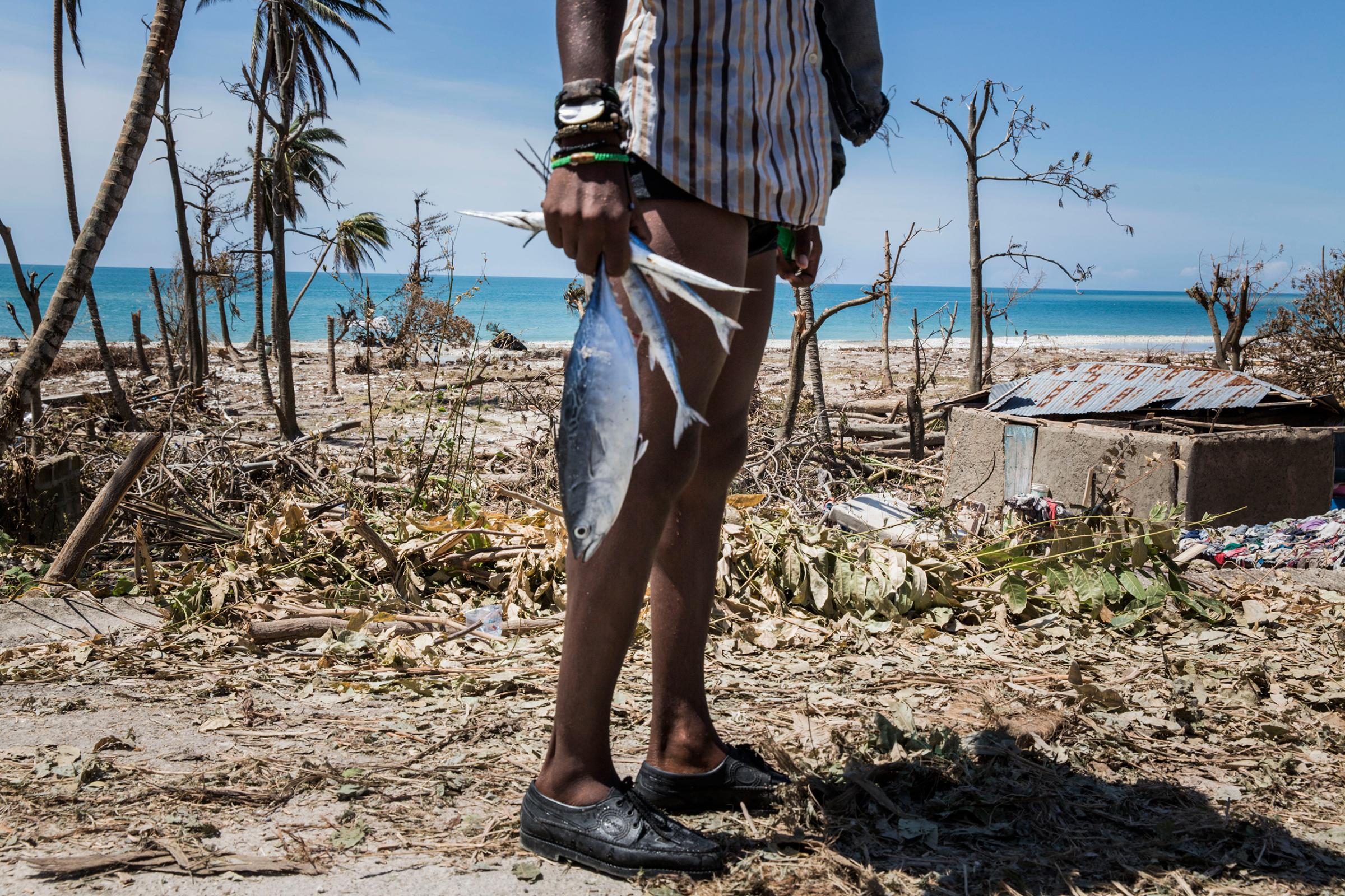 A boy carries a fish in an area that suffered widespread destruction near Port Salut, in southwestern Haiti, on Oct. 8, 2016.