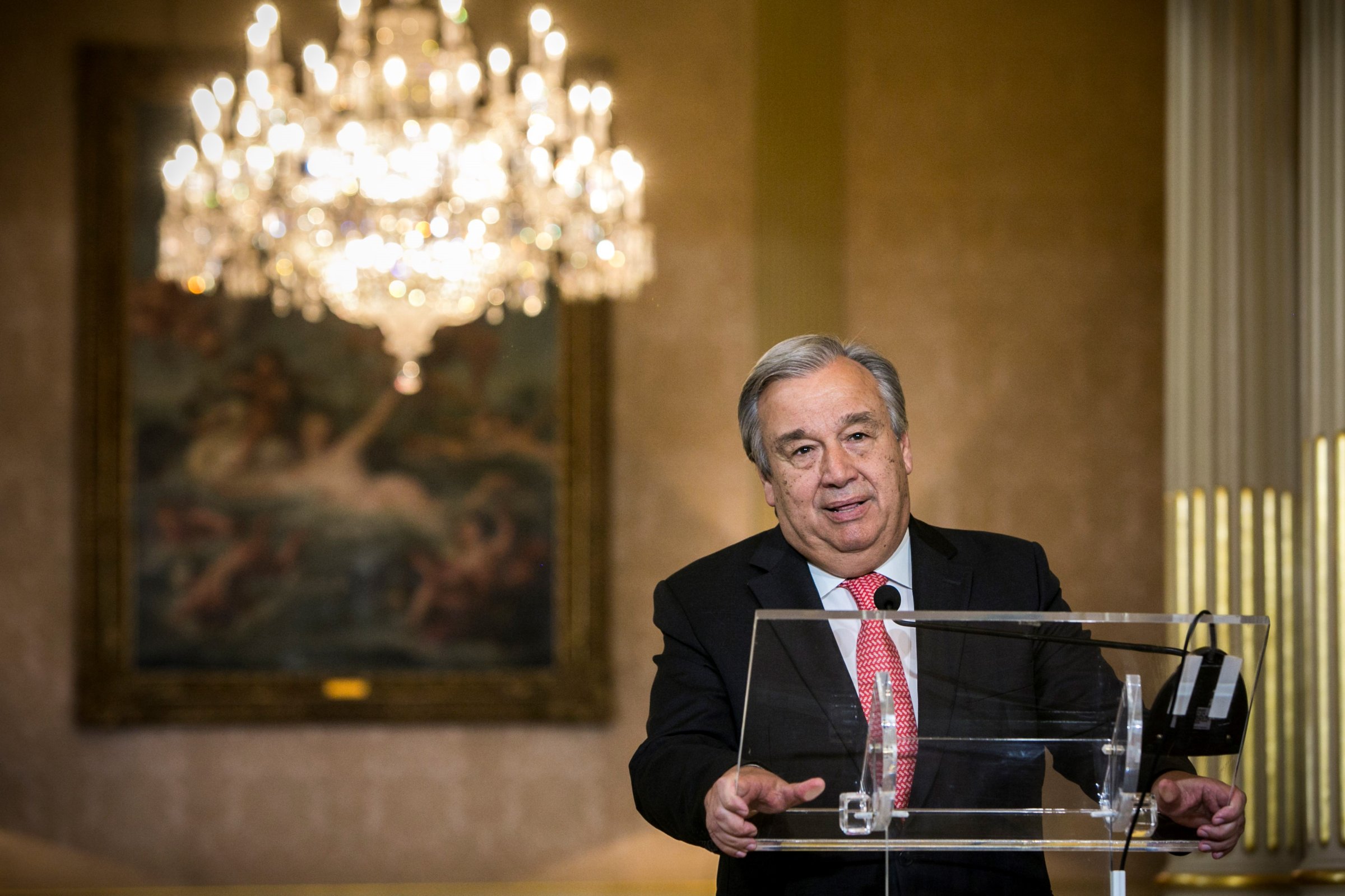 New appointed United Nations general secretary Antonio Guterres delivers a speech during a press conference in Lisbon, Portugal on October 6, 2016.