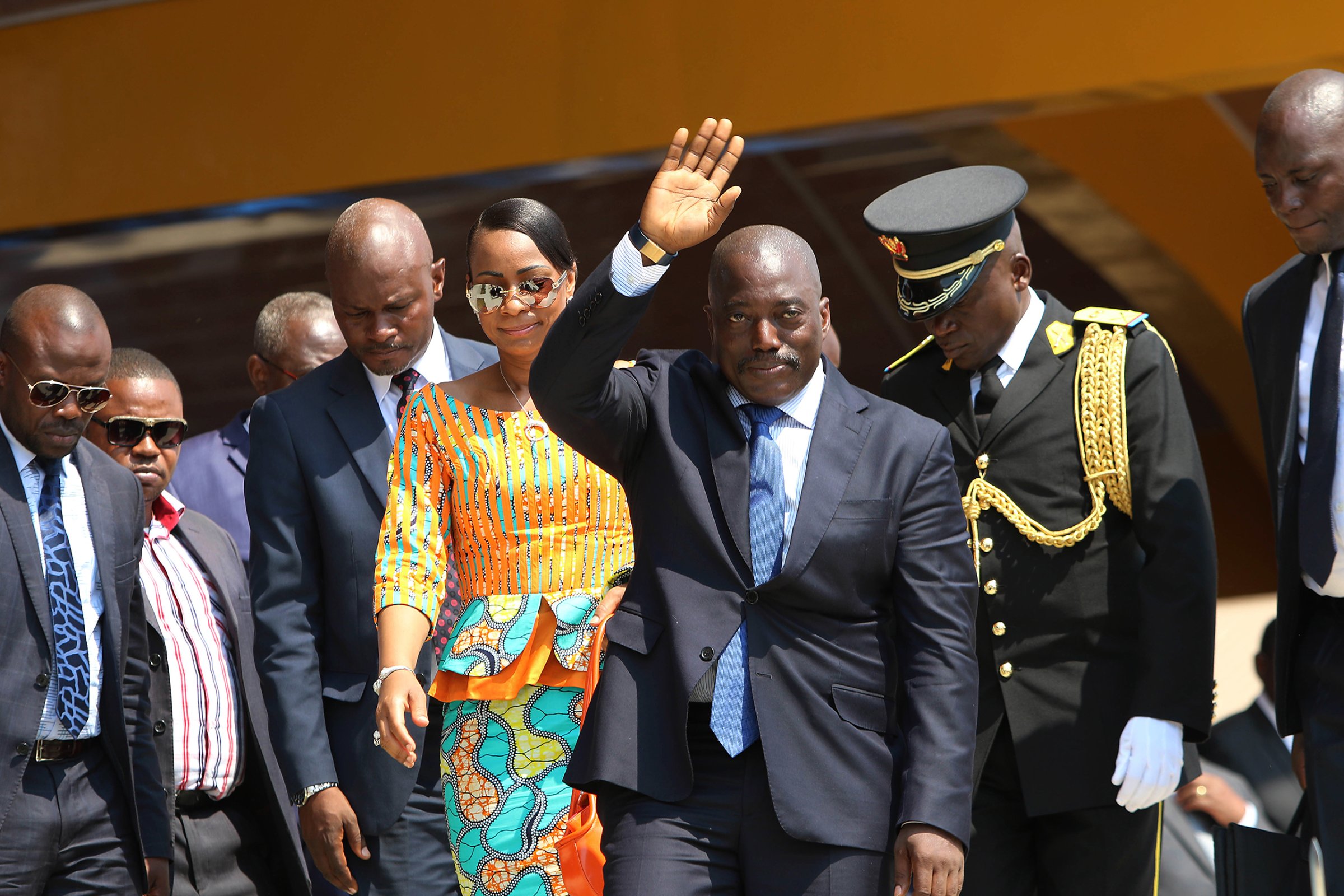 Congolese President Joseph Kabila waves as he and others celebrate the Democratic Republic of Congo, DRC, independence in Kindu, Congo on June 30, 2016.