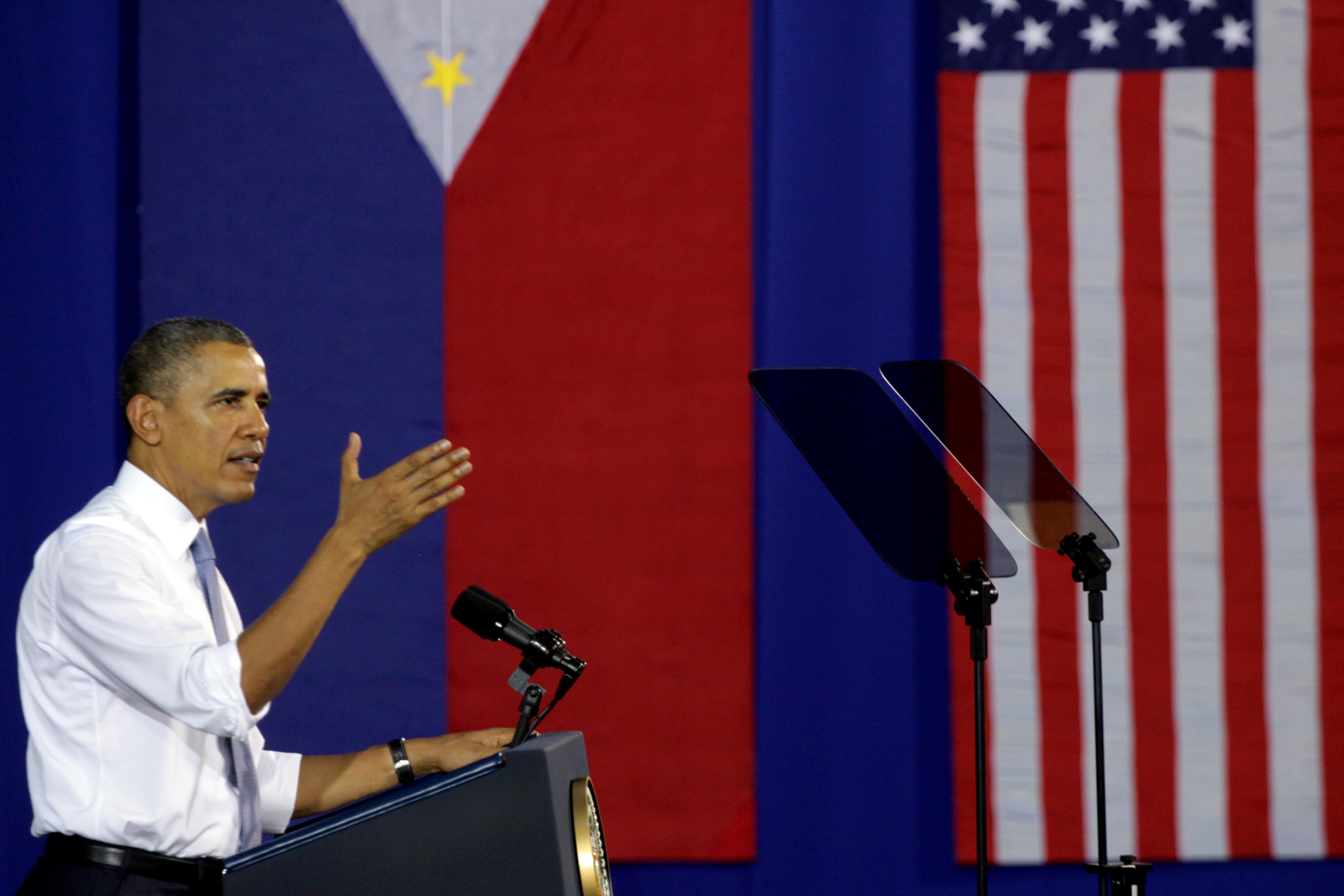 U.S. President Barack Obama speaks to Filipino and American troops at Fort Bonifacio in Manila on  April 29, 2014, pledging "ironclad" military support for the Philippines (Pacific Press—Sipa USA/AP)