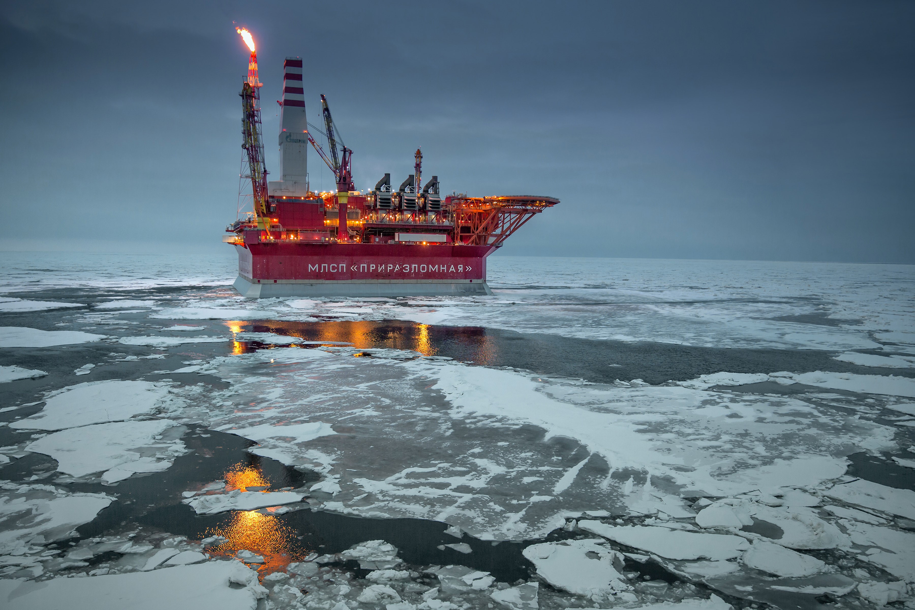 The Prirazlomnaya offshore ice-resistant oil-producing platform is seen in the Pechora Sea, Russia, on May 8, 2016. It is the world's first operational Arctic rig that processes oil drilling, production, storage, end product processing and loading. (Sergey Anisimov—Anadolu Agency/Getty Images)