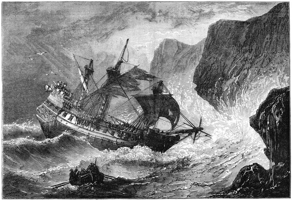 Admiral Somers runs his ship ashore, Bermuda, 1609 (c1880).