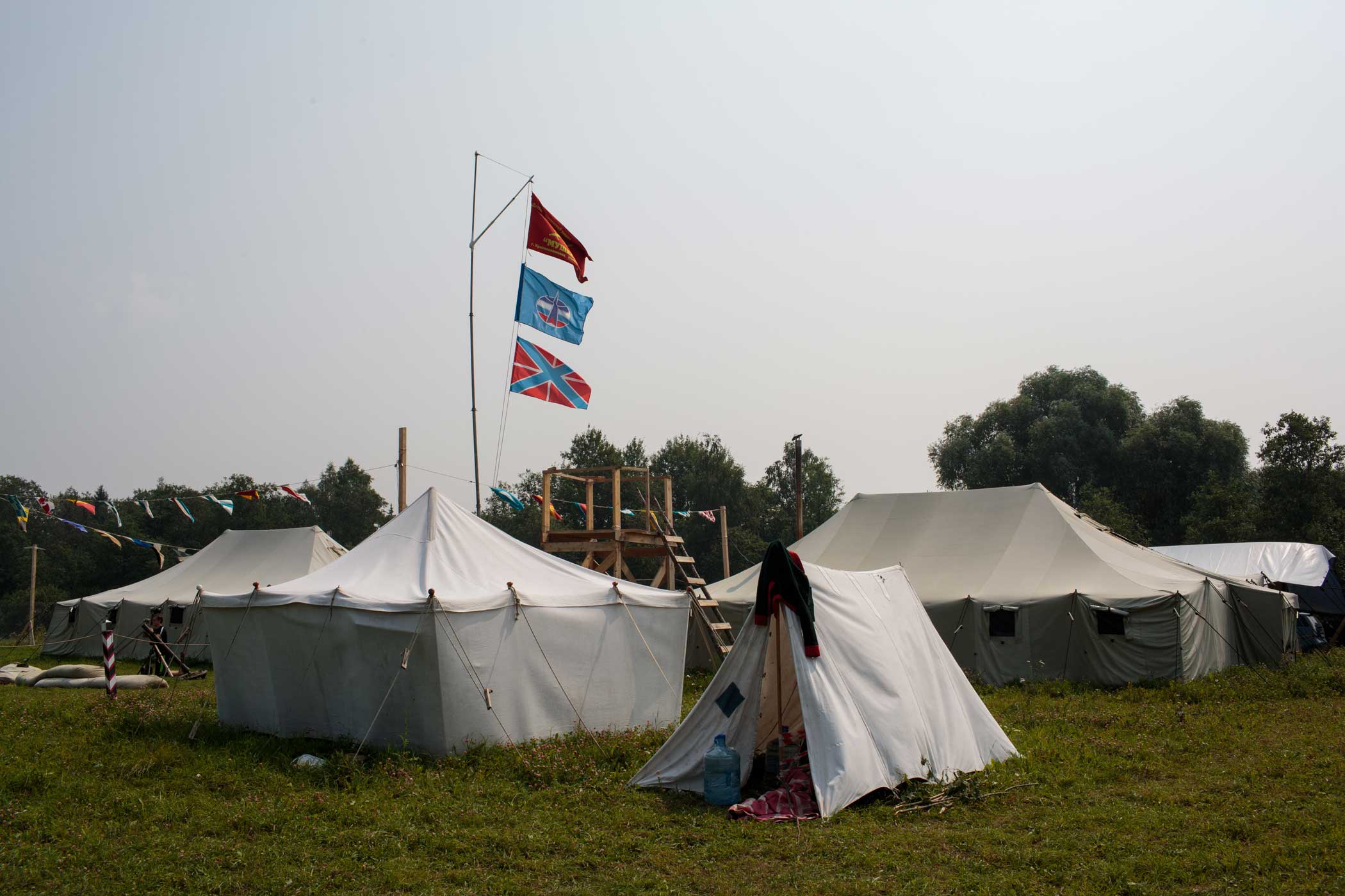 Военно-Исторический Лагерь Бородино 2016, the Historical-War Camp, in Borodino, Russia. 24 July 2016. Borodino is famous for a battle fought on 7 Sep 1812 - the deadliest day of the Napoleonic Wars. 350 adolescents are in attendance, ranging in ages from 11 to 17, and lasts throughout the summer. Students learn a variety of skills from tactical training in handguns, loading and unloading automatic guns, physical endurance, knife throwing, and others. The project statement of the camp says: "To awaken in the younger generation a keen interest in the history of the Fatherland, the glorious deeds of our ancestors, to facilitate the expansion of military-historical knowledge."