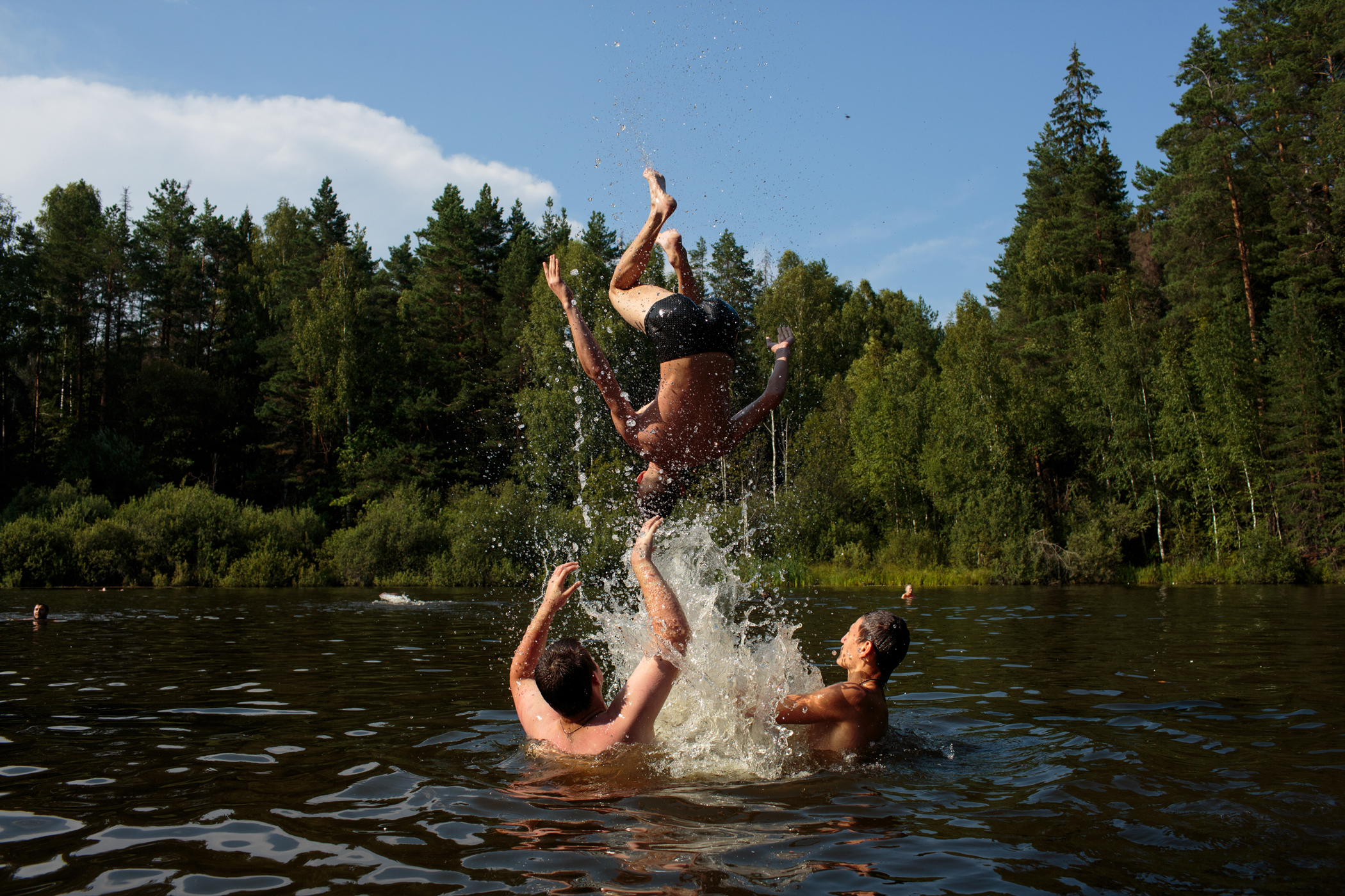 A camp group from Stavropol plays in the lake during an afternoon off at "Orthodox Warrior" camp, which takes place in Diveevo, the center of pilgrimage for Orthodox Christians