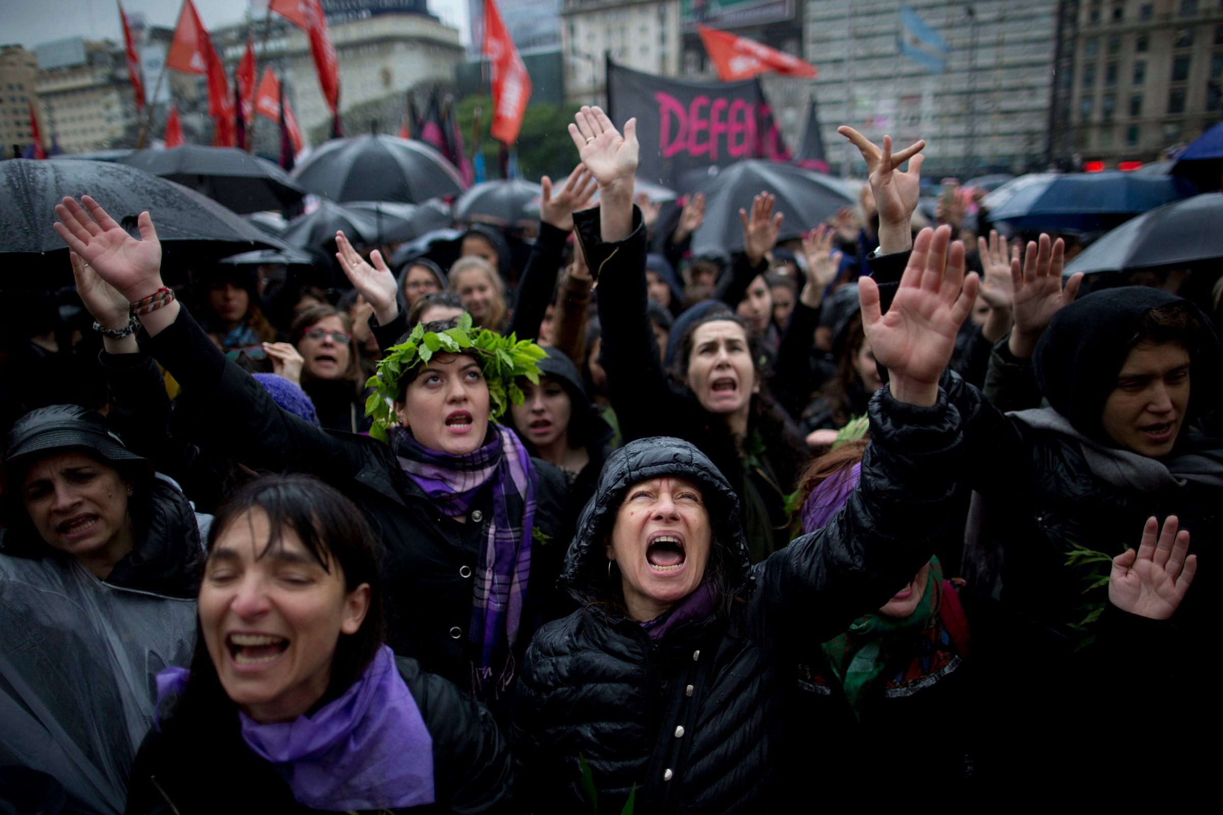 Women shout during a demonstrating against gender violence in Buenos Aires, Argentina, on Oct. 19, 2016.