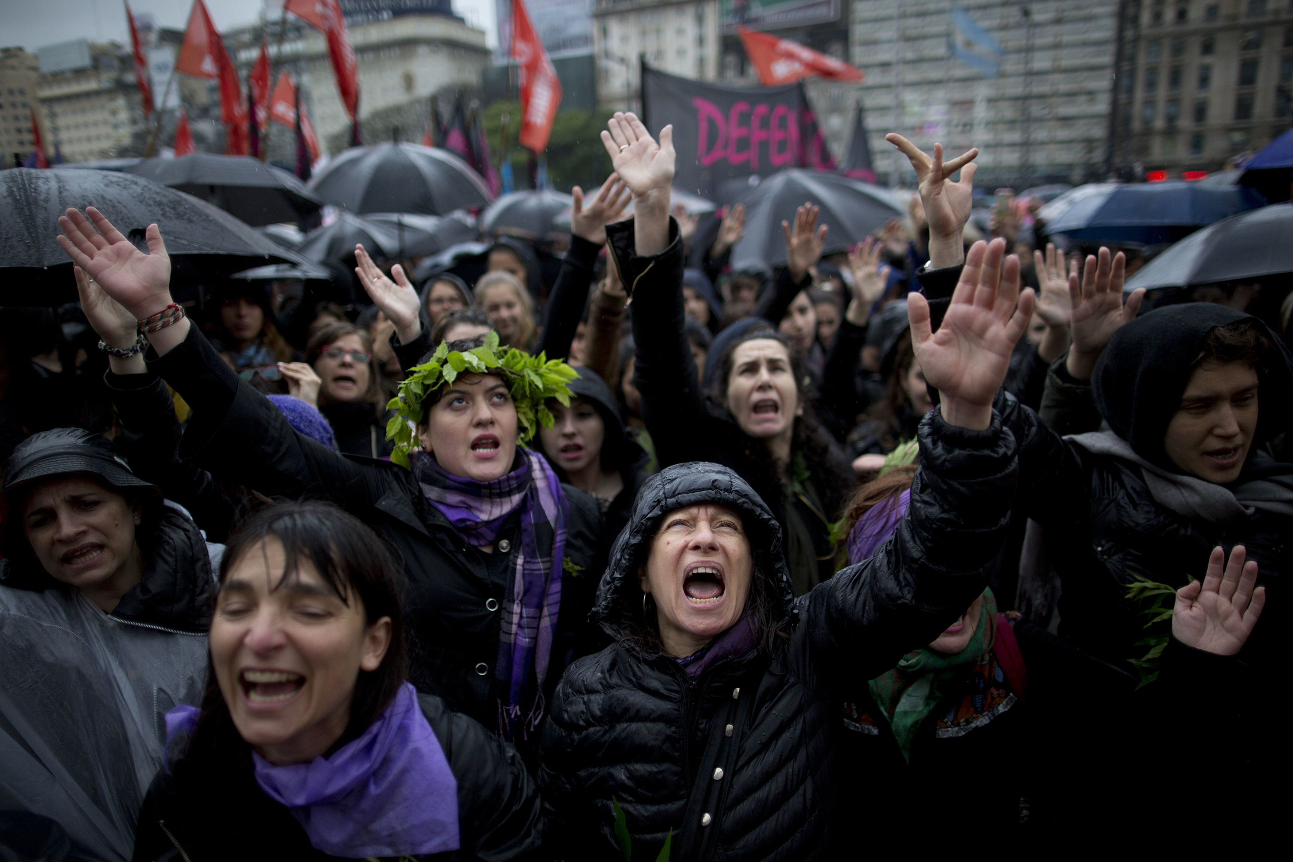 Women shout during a demonstrating against gender violence in Buenos Aires, Argentina, on Oct. 19, 2016. (Natacha Pisarenko—AP)