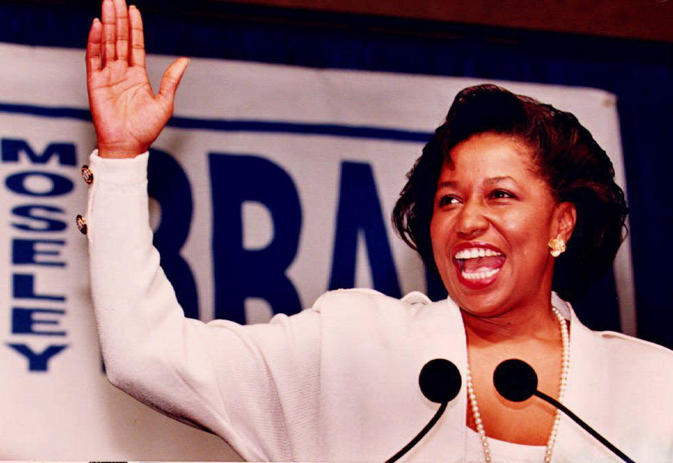 Carol Moseley Braun declares her victory as the first African-American woman elected to the US Senate November 3, 1992 in Chicago, IL.