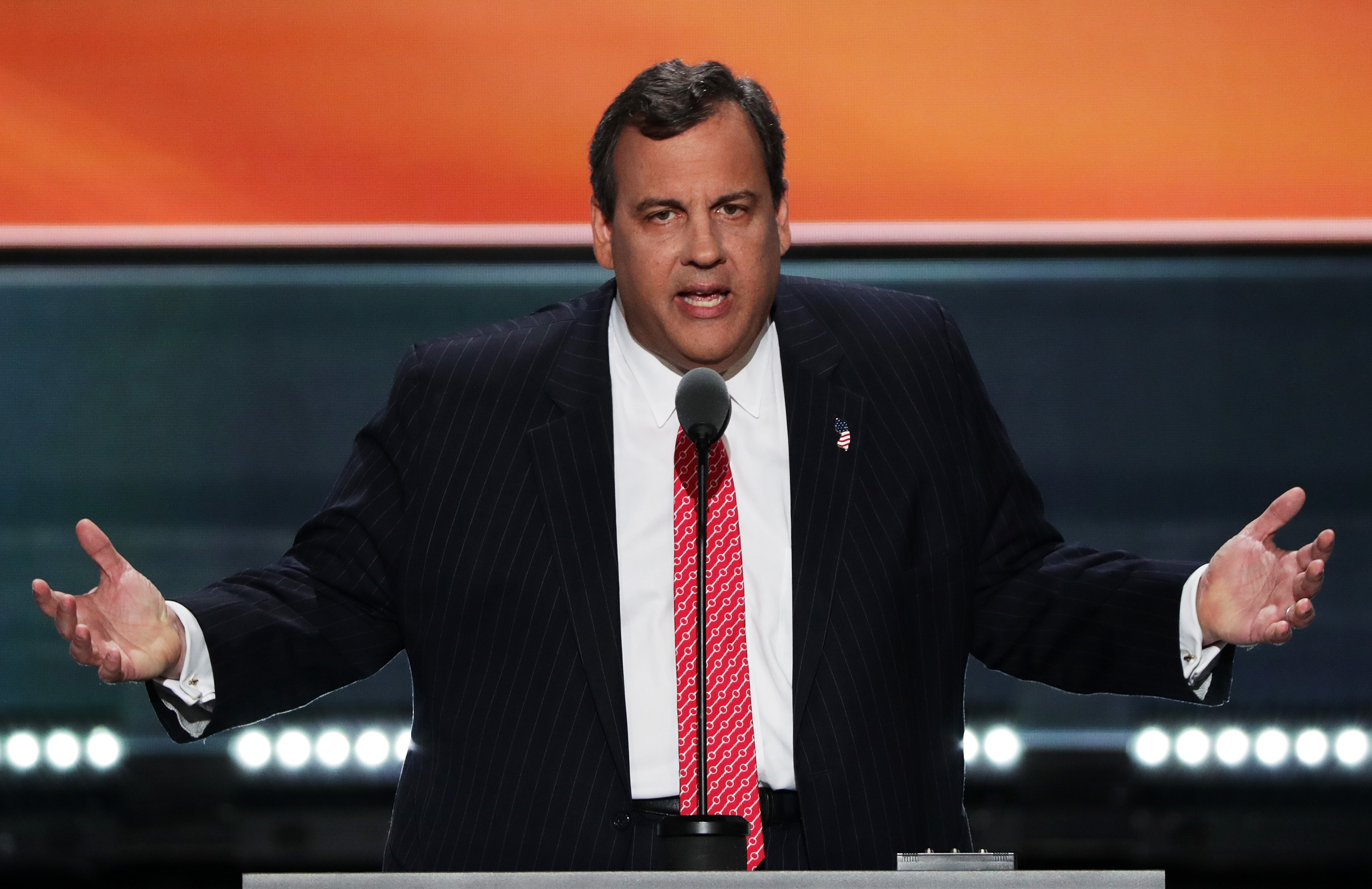 New Jersey Gov. Chris Christie delivers a speech on the second day of the Republican National Convention on July 19, 2016 at the Quicken Loans Arena in Cleveland, Ohio. (Alex Wong—Getty Images)