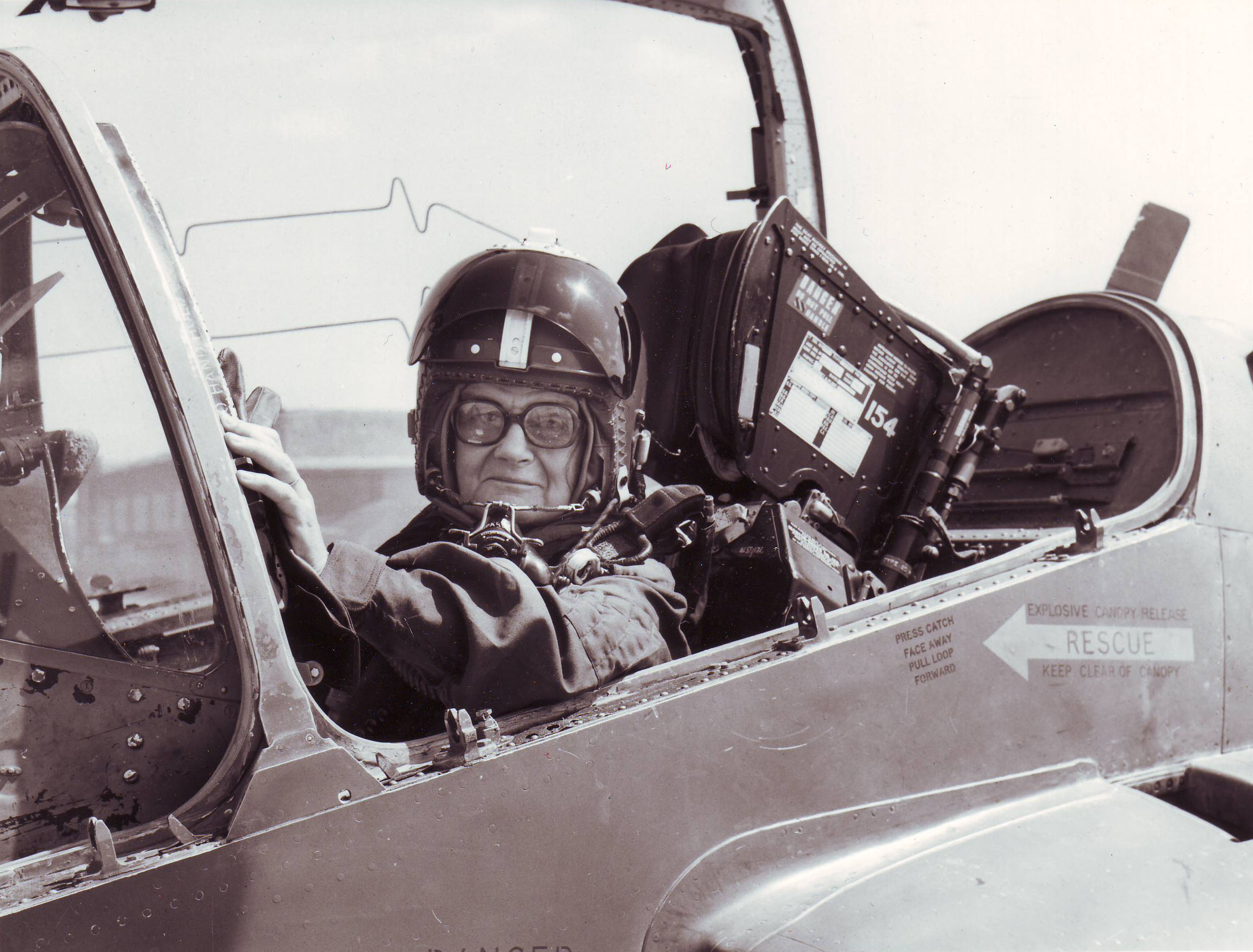 Clare in a jet, likely British RAF, during her time as <em>Daily Telegraph</em> defense correspondent, sometime between 1976 and 1981 (Clare Hollingworth Collection)