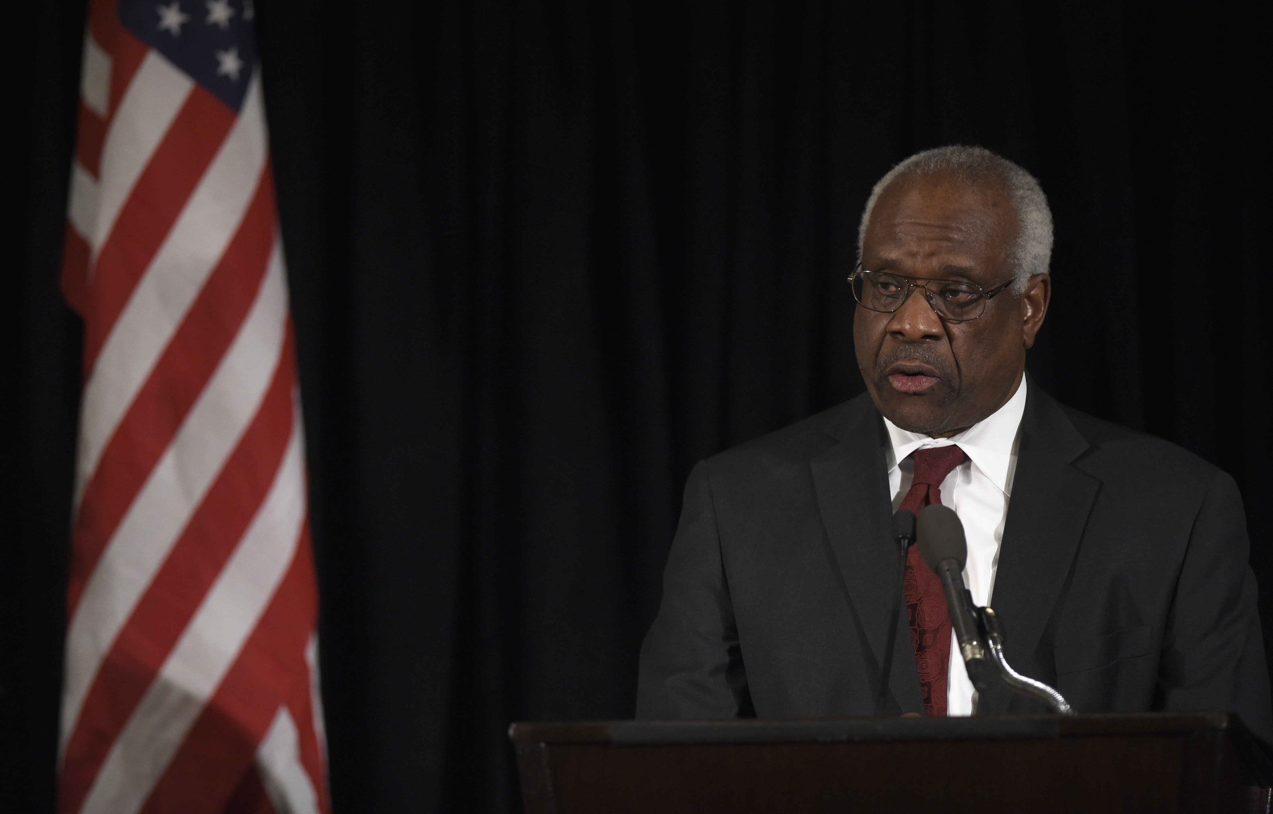 Supreme Court Justice Clarence Thomas speaks at the memorial service for former Supreme Court Justice Antonin Scalia at the Mayflower Hotel March 1, 2016 in Washington, DC. (Susan Walsh/Pool—Getty Images)