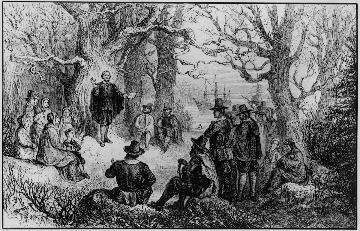 A 19th-century illustration of the founding of the colony of New Haven (in later Connecticut) by puritan preacher John Davenport, 1638. (ullstein bild / Getty Images)