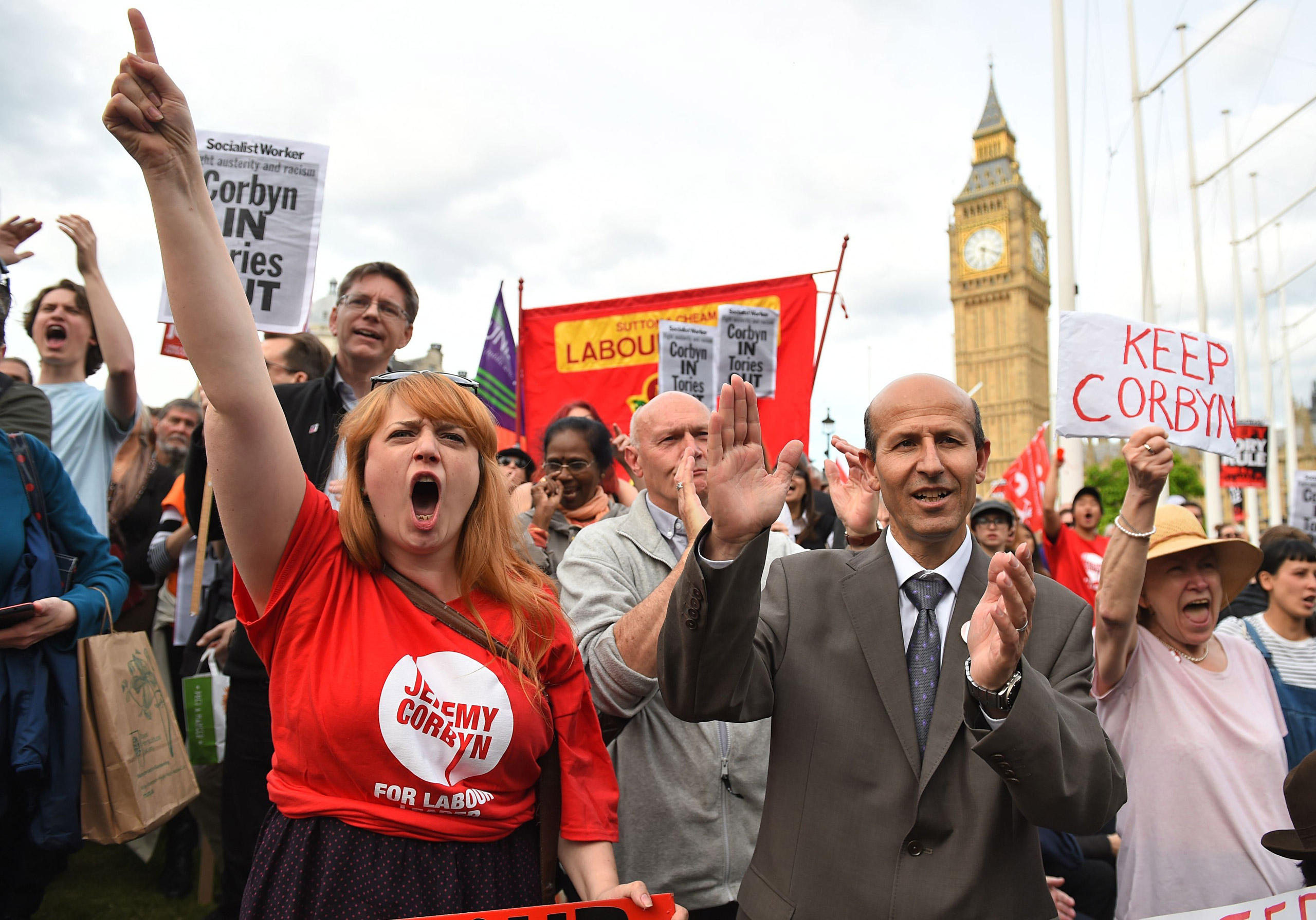 Corbyn supporters hold a demonstration outside the Houses of Parliament as Labour MPs meet inside on June 27 (Dominic Lipinski—PA/AP)