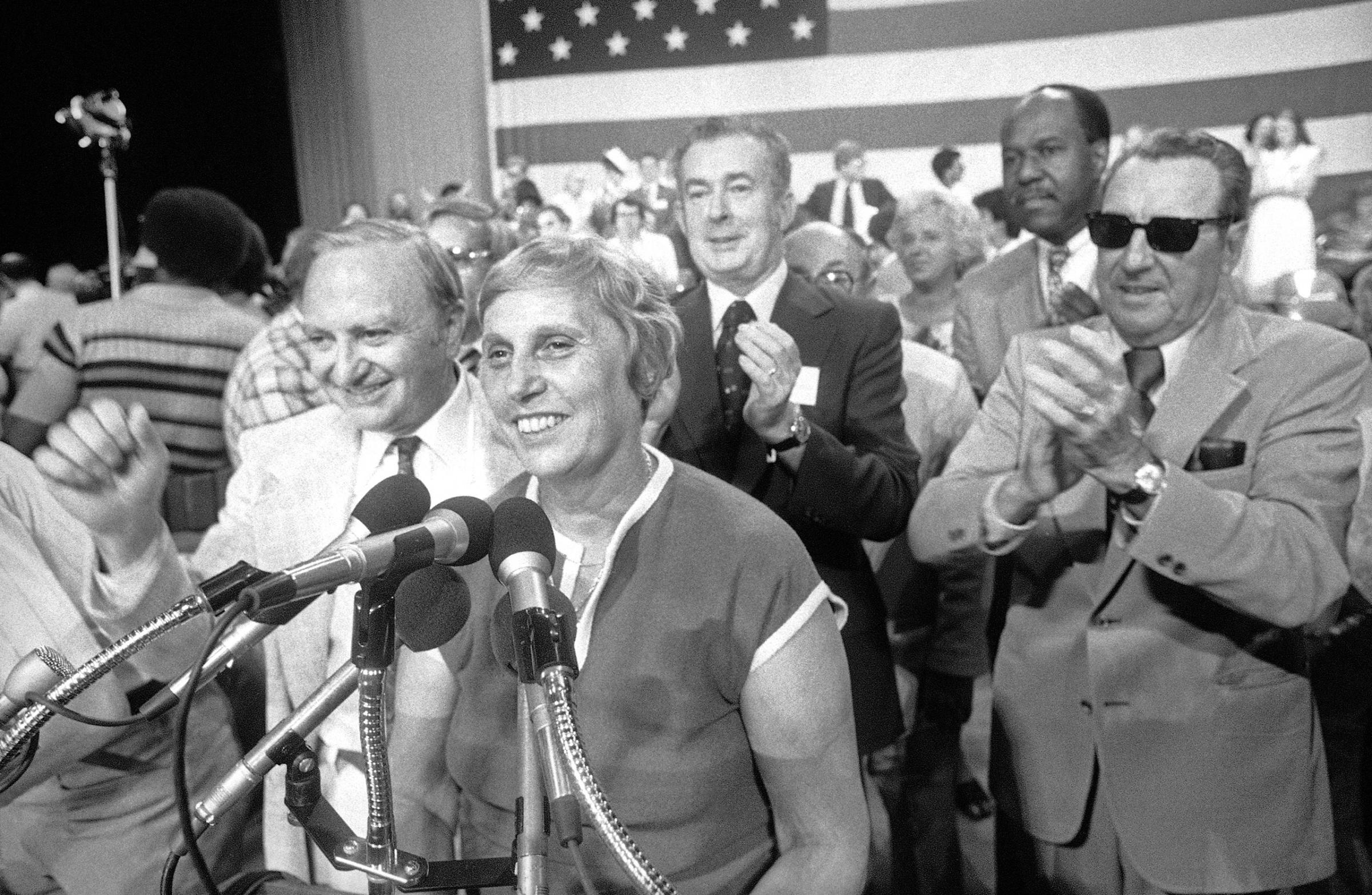 Gov. Ella T. Grasso receives the applause of the crowd as she began her acceptance speech as the party-endorsed gubernatorial candidate at the Democratic Party state nominating convention in Hartford, Connecticut on Saturday, July 22, 1978.