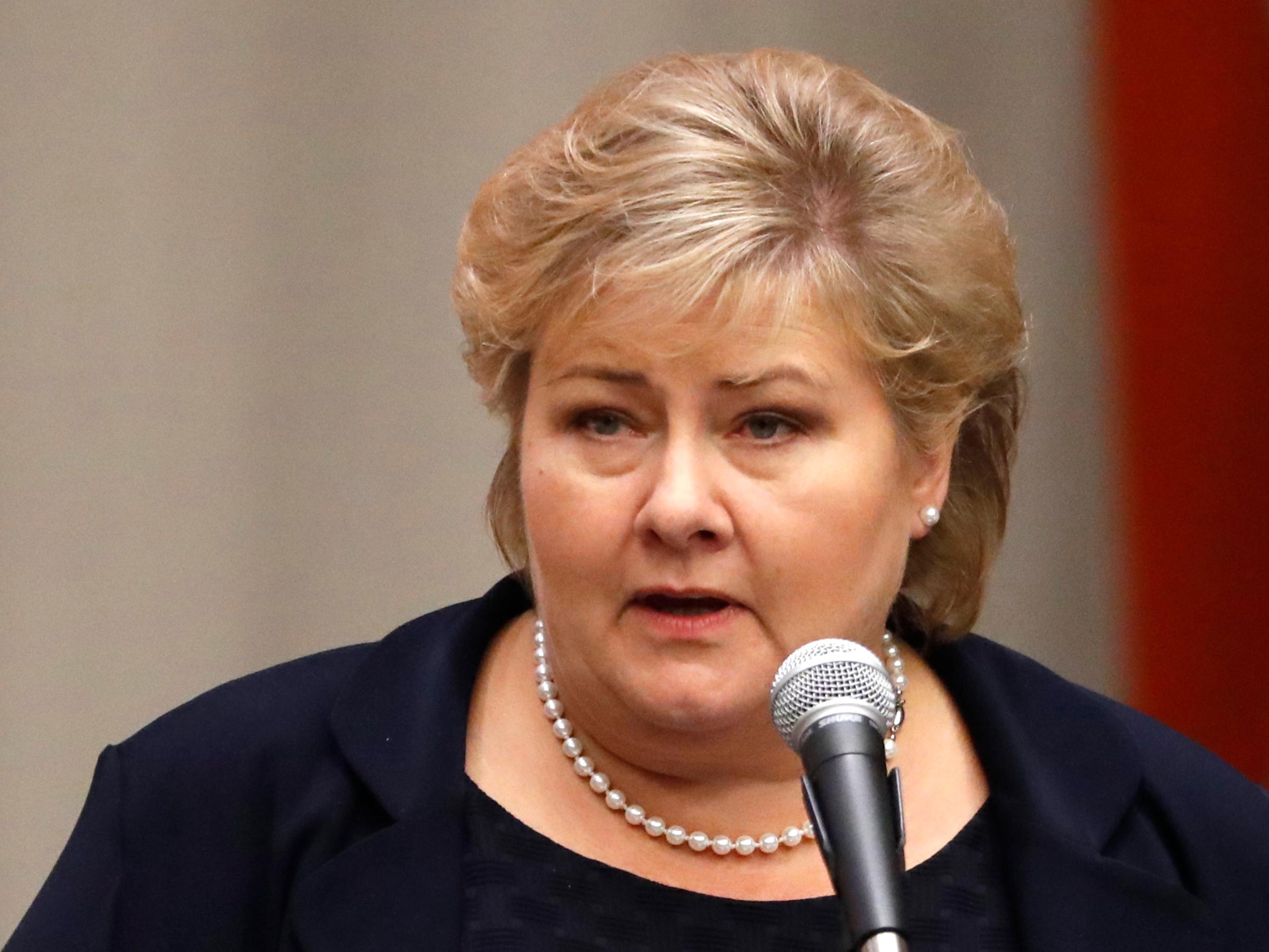 Prime Minister Erna Solberg of Norway speaks during a high-level meeting on addressing large movements of refugees and migrants at the United Nations General Assembly in Manhattan, New York