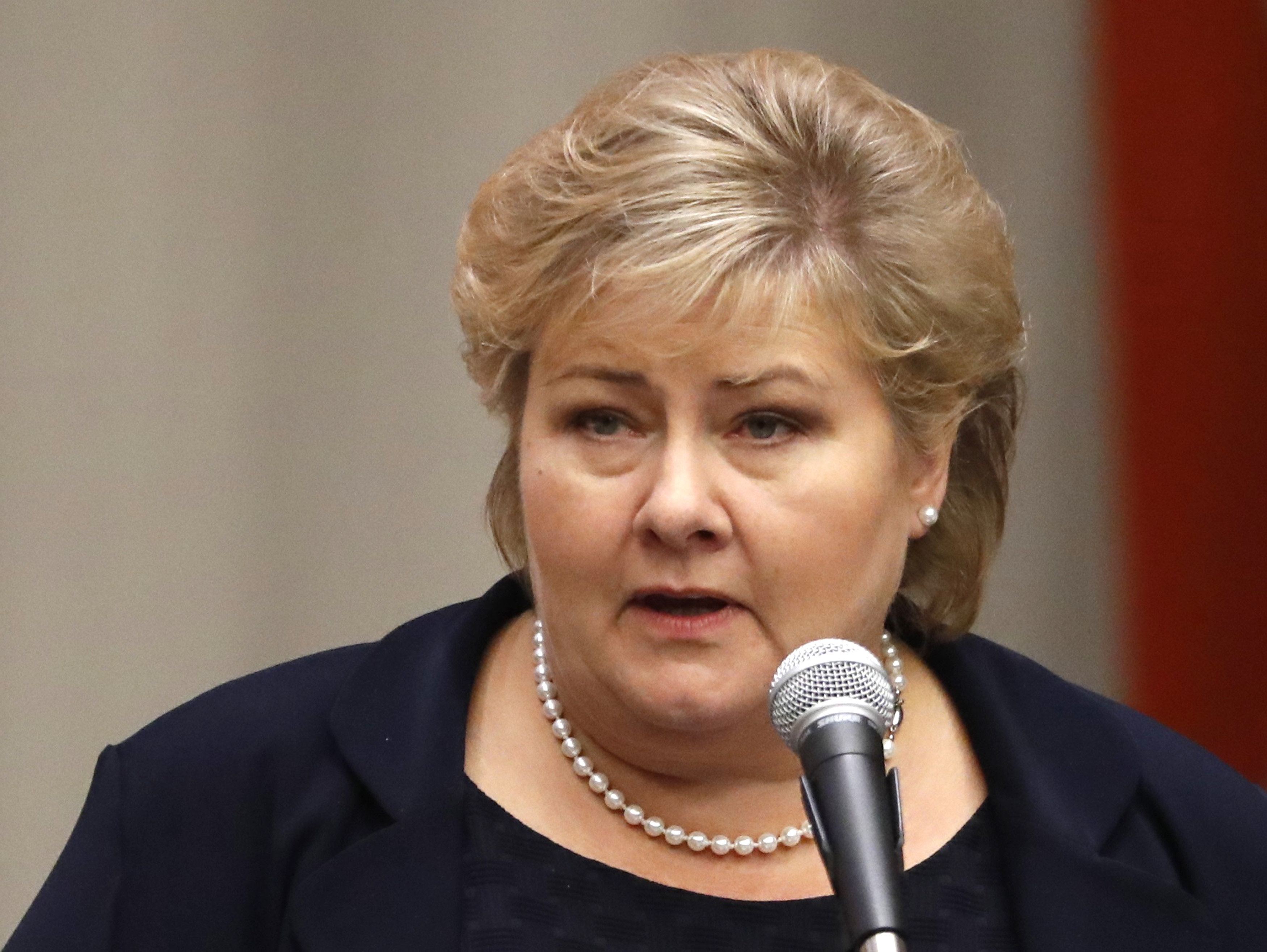 Prime Minister Erna Solberg of Norway speaks during a high-level meeting on addressing large movements of refugees and migrants at the United Nations General Assembly in New York on Sept. 19, 2016. (Lucas Jackson—Reuters)