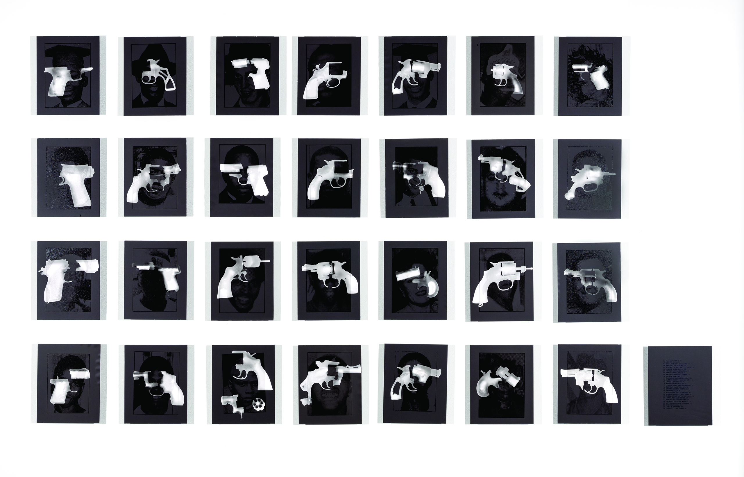 The genesis of 'One Hot Month' was initially an attempt to chronicle our environment by clipping the obituaries of 'death by gunshot' victims during August 2002, when there was nearly one homicide per day. ... These images represent the need for an examination of the roots of this terminal societal dysfunction.  —Generic Art Solutions