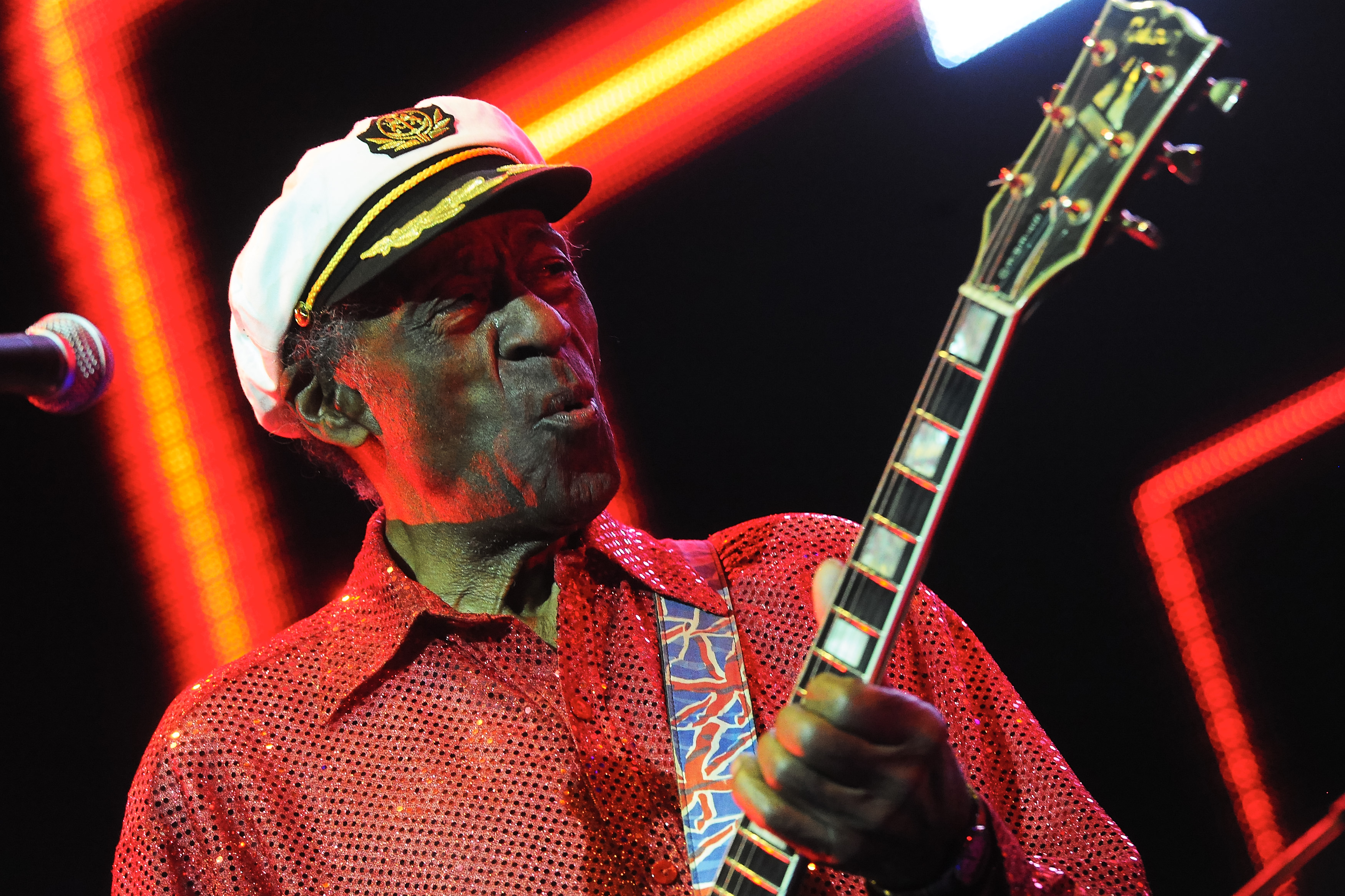 Chuck Berry performs at the Izvestia Hall on October 20, 2013 in Moscow, Russia. (Yuri Martianov—Kommersant/Getty Images)