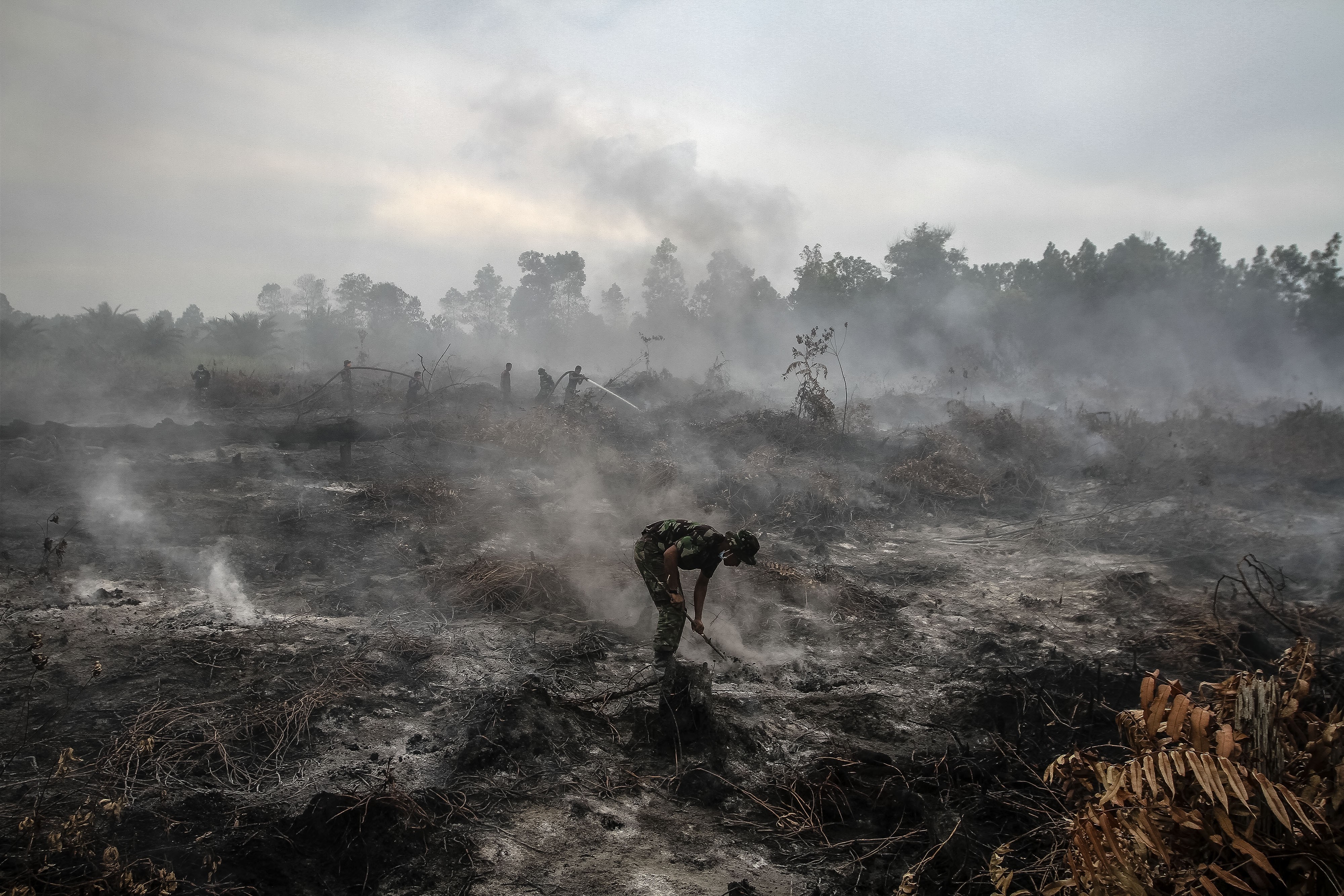 An Indonesian military personnel spray water on forest burned area at Rimbo Panjang Village, in Indonesia's Riau province, on Aug. 6, 2015 (Yenni Safana—Anadolu Agency/Getty Images)