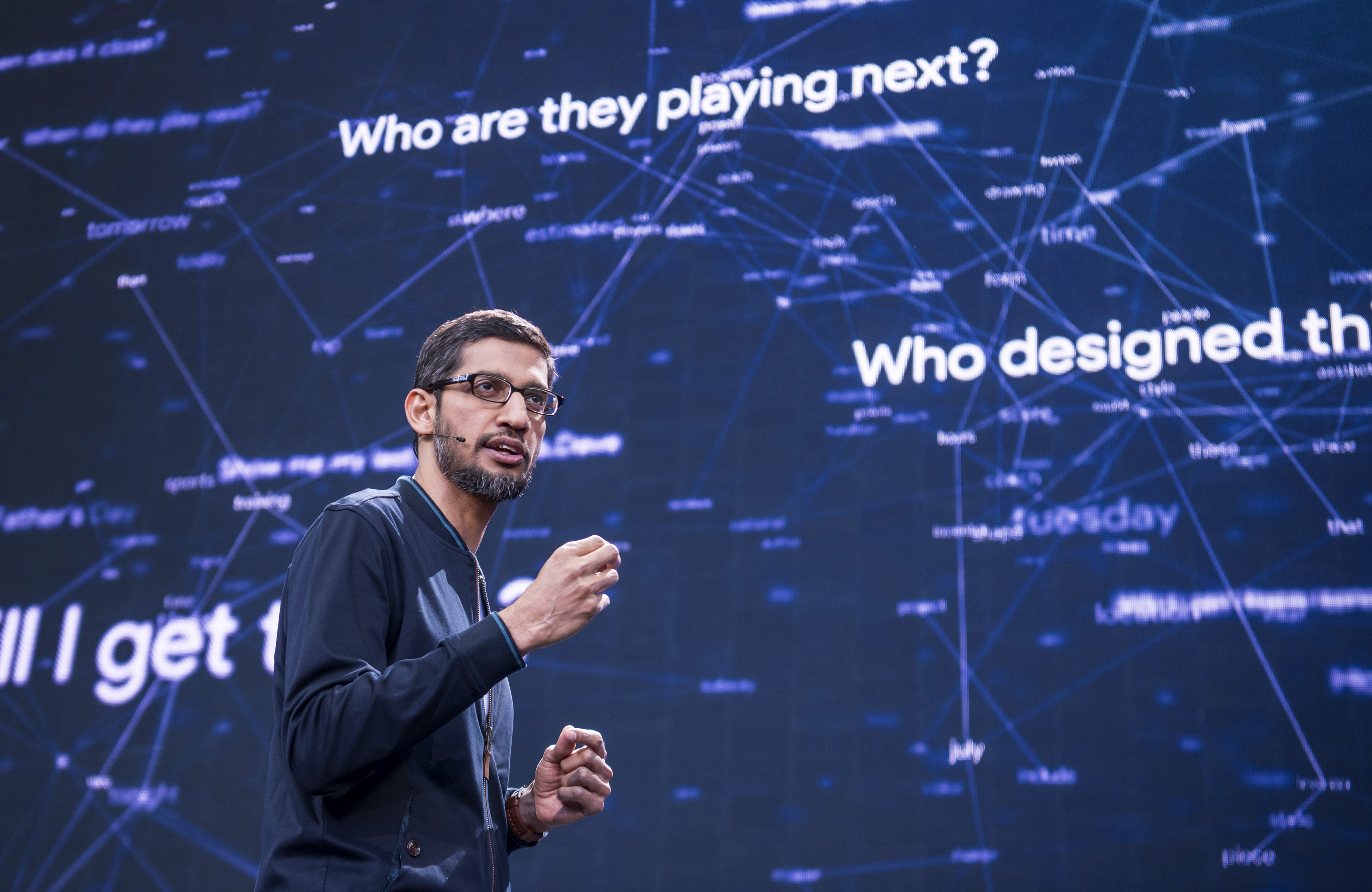 Sundar Pichai, chief executive officer of Google Inc., speaks during the Google I/O Annual Developers Conference in Mountain View, California on Wednesday, May 18, 2016. (Bloomberg via Getty Images)
