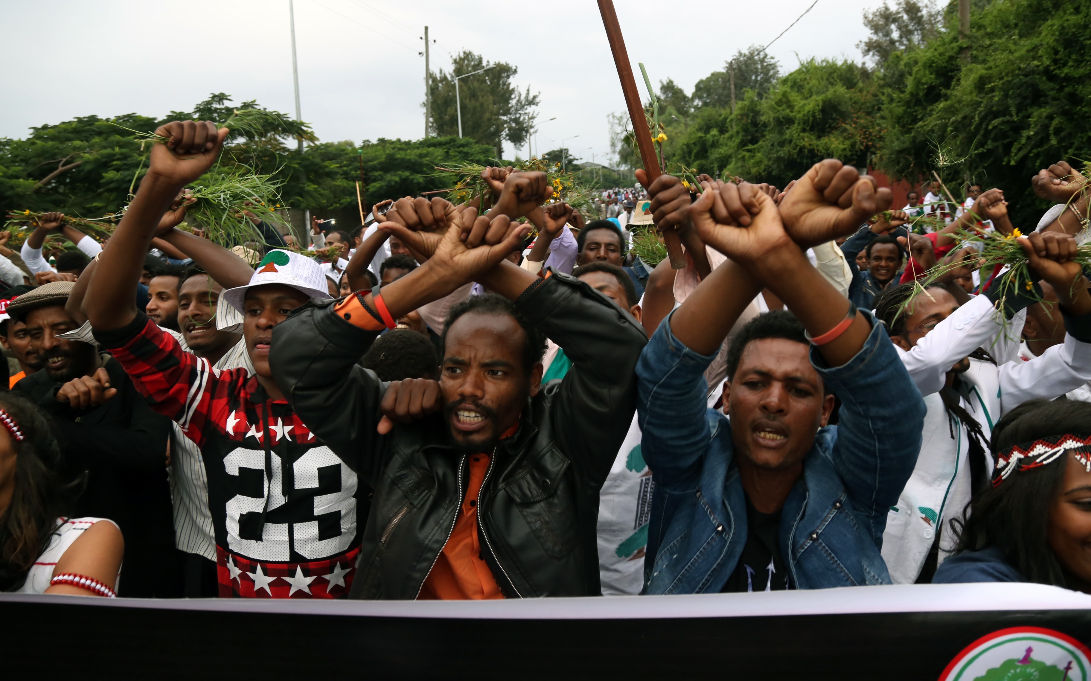 Oromo people stage a protest against government during the Oromo new year holiday Irreechaa' near the Hora Lake at Dberzit town in Addis Ababa, Ethiophia on October 2, 2016. (Anadolu Agency—Getty Images)